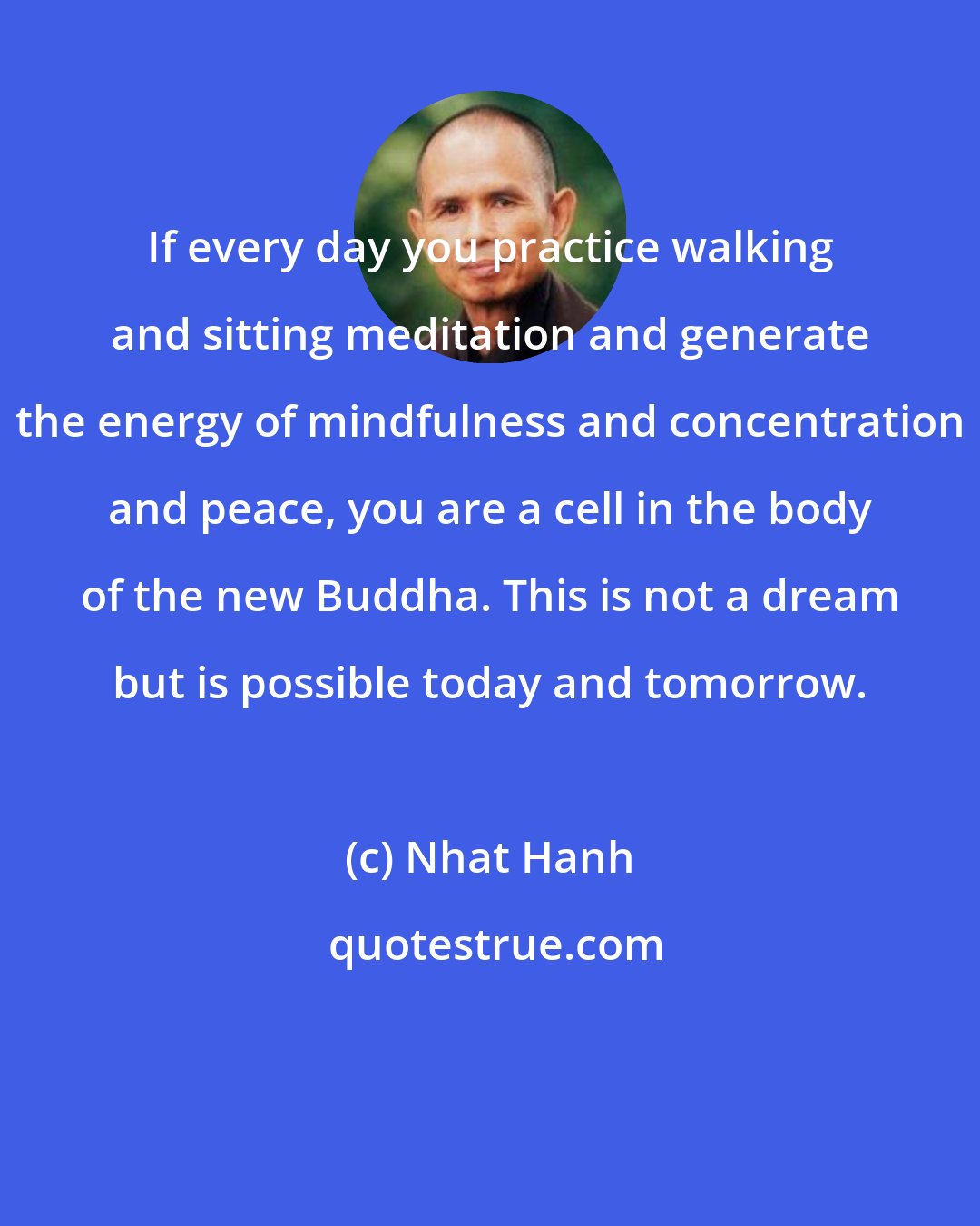 Nhat Hanh: If every day you practice walking and sitting meditation and generate the energy of mindfulness and concentration and peace, you are a cell in the body of the new Buddha. This is not a dream but is possible today and tomorrow.