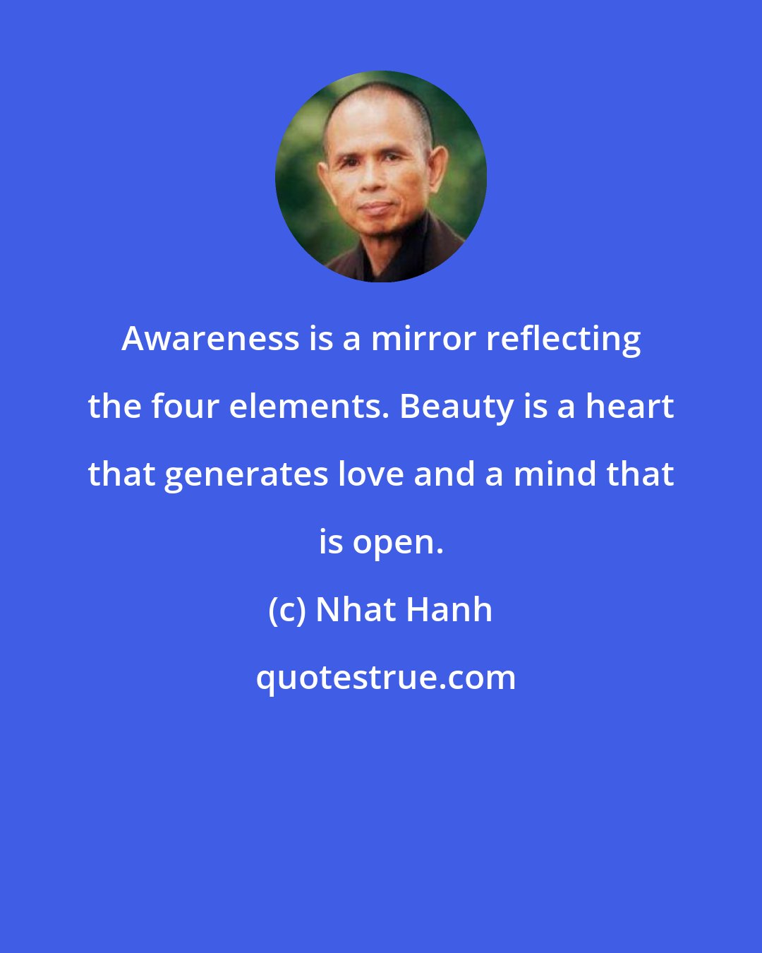 Nhat Hanh: Awareness is a mirror reflecting the four elements. Beauty is a heart that generates love and a mind that is open.