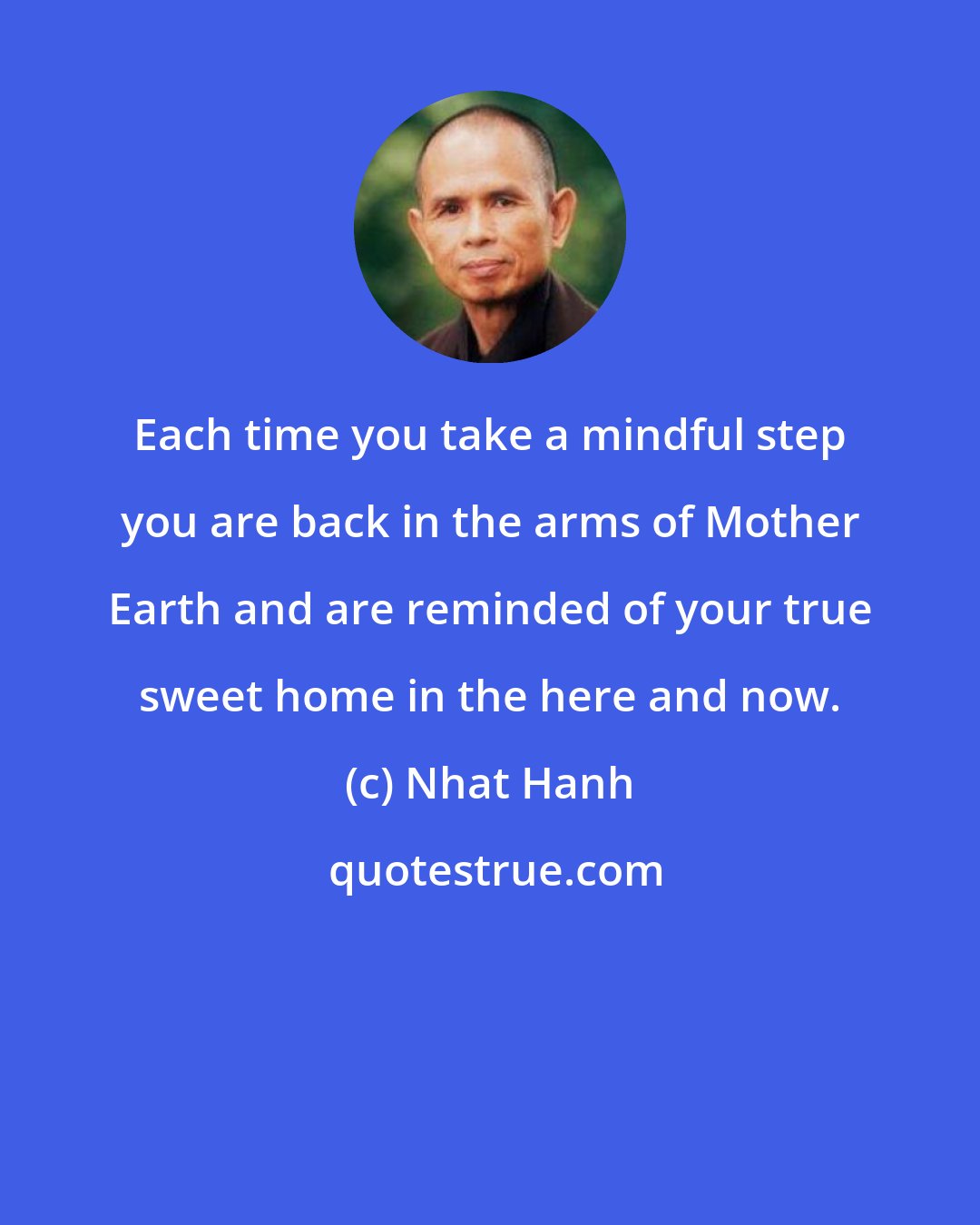 Nhat Hanh: Each time you take a mindful step you are back in the arms of Mother Earth and are reminded of your true sweet home in the here and now.