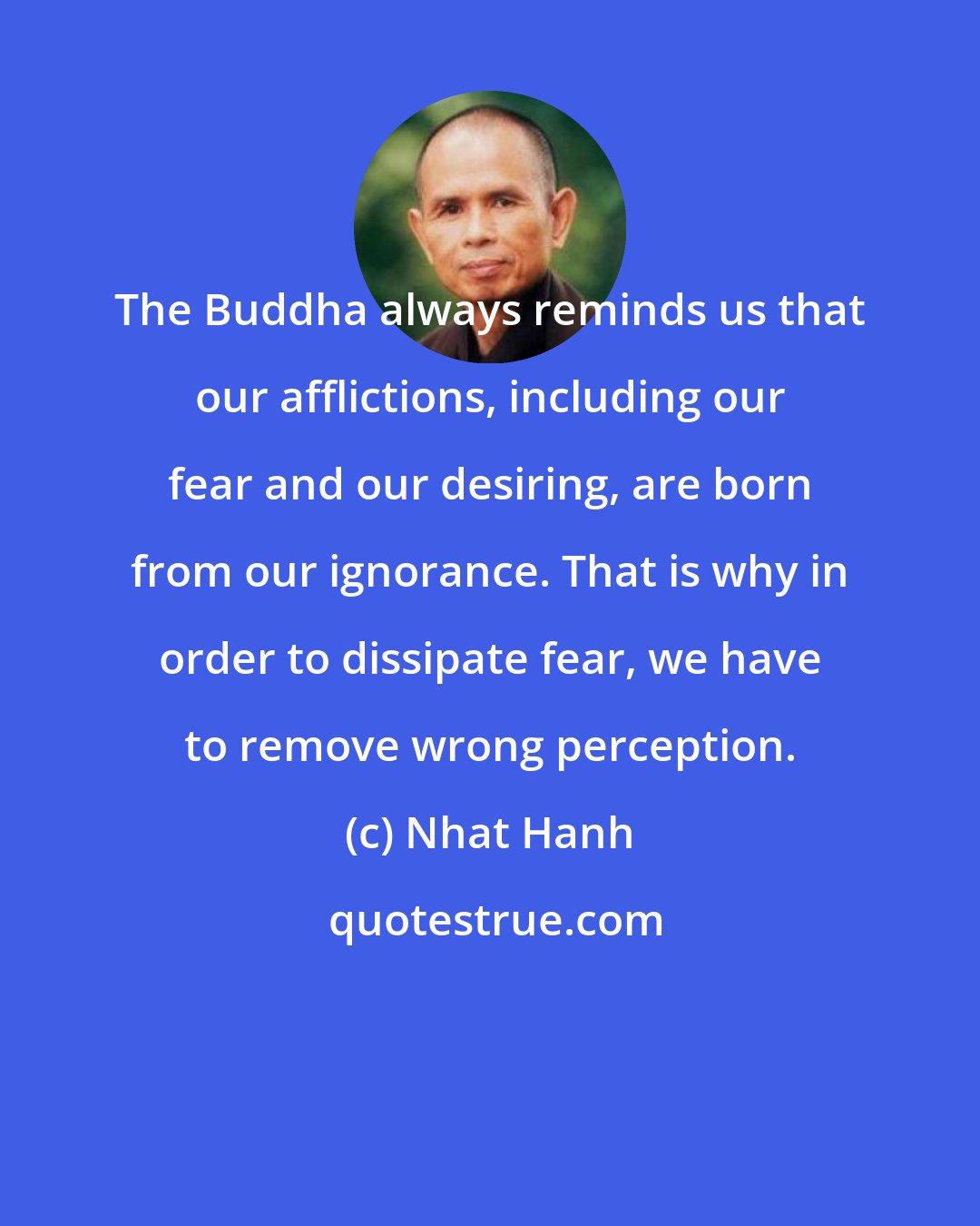 Nhat Hanh: The Buddha always reminds us that our afflictions, including our fear and our desiring, are born from our ignorance. That is why in order to dissipate fear, we have to remove wrong perception.