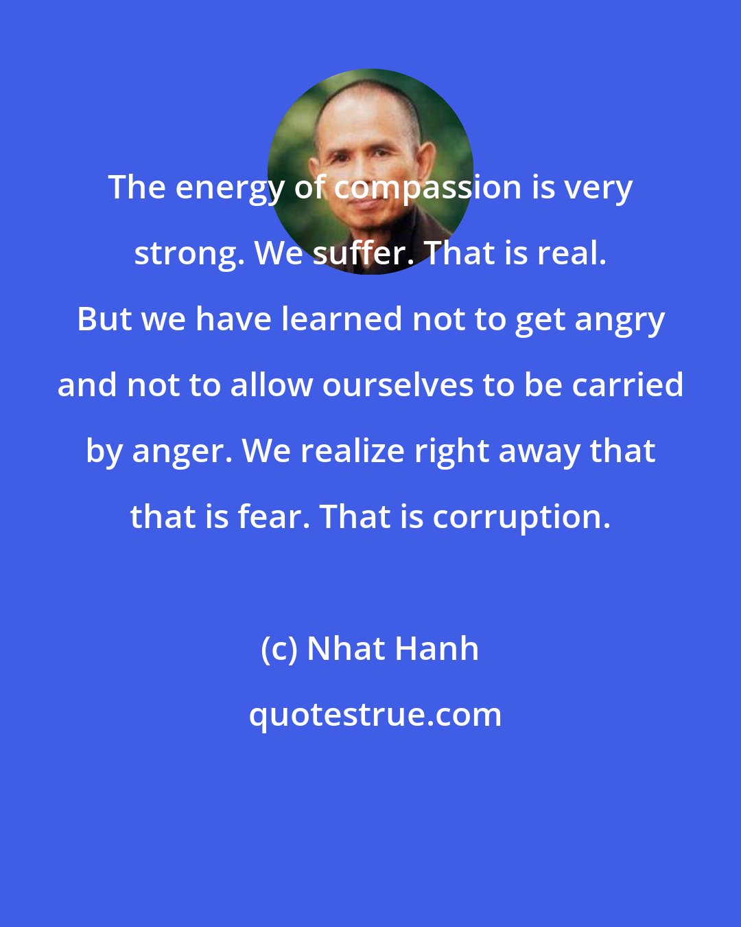 Nhat Hanh: The energy of compassion is very strong. We suffer. That is real. But we have learned not to get angry and not to allow ourselves to be carried by anger. We realize right away that that is fear. That is corruption.