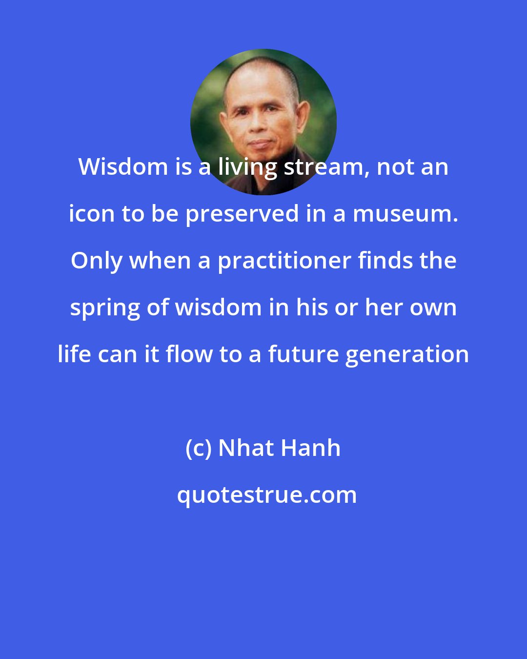 Nhat Hanh: Wisdom is a living stream, not an icon to be preserved in a museum. Only when a practitioner finds the spring of wisdom in his or her own life can it flow to a future generation