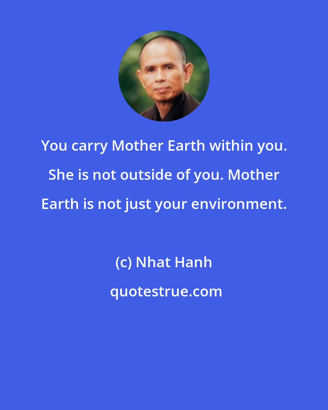 Nhat Hanh: You carry Mother Earth within you. She is not outside of you. Mother Earth is not just your environment.