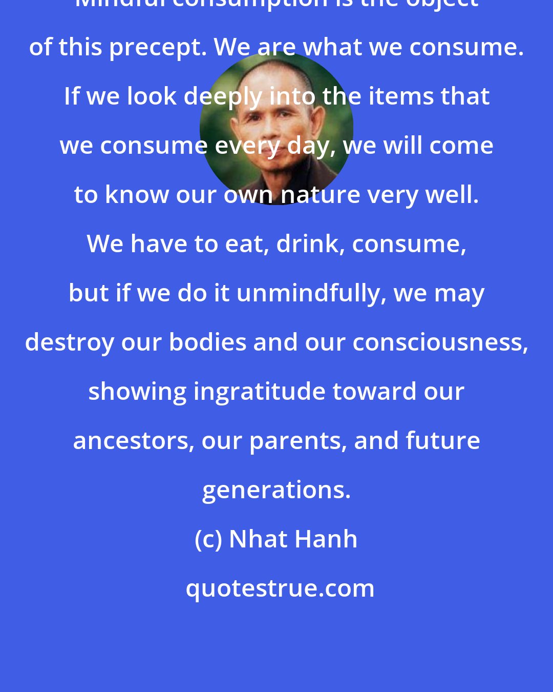 Nhat Hanh: Mindful consumption is the object of this precept. We are what we consume. If we look deeply into the items that we consume every day, we will come to know our own nature very well. We have to eat, drink, consume, but if we do it unmindfully, we may destroy our bodies and our consciousness, showing ingratitude toward our ancestors, our parents, and future generations.