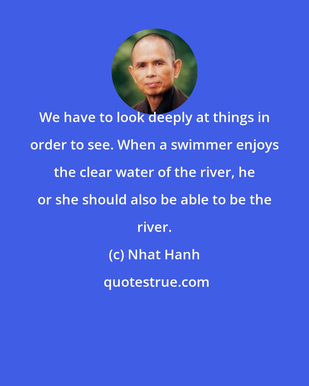 Nhat Hanh: We have to look deeply at things in order to see. When a swimmer enjoys the clear water of the river, he or she should also be able to be the river.