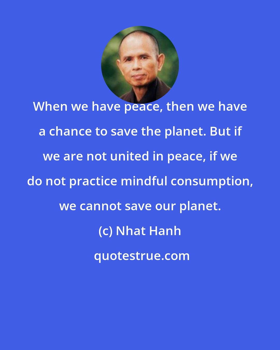 Nhat Hanh: When we have peace, then we have a chance to save the planet. But if we are not united in peace, if we do not practice mindful consumption, we cannot save our planet.