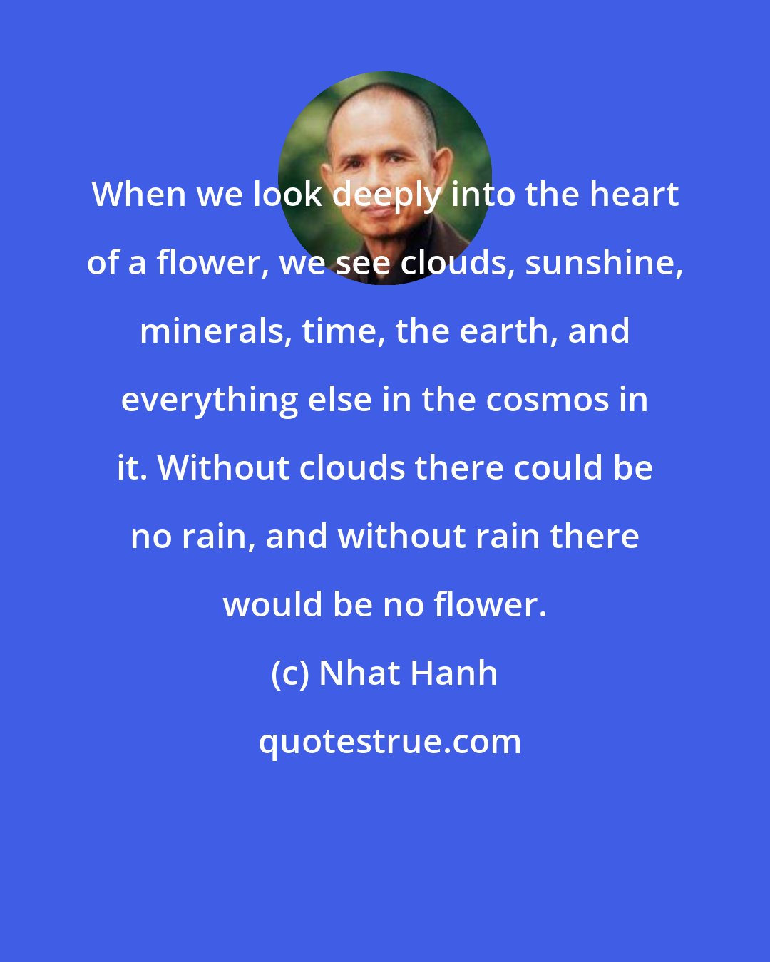 Nhat Hanh: When we look deeply into the heart of a flower, we see clouds, sunshine, minerals, time, the earth, and everything else in the cosmos in it. Without clouds there could be no rain, and without rain there would be no flower.