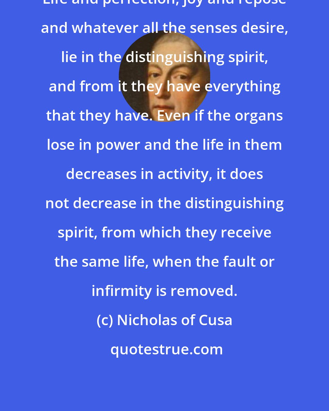 Nicholas of Cusa: Life and perfection, joy and repose and whatever all the senses desire, lie in the distinguishing spirit, and from it they have everything that they have. Even if the organs lose in power and the life in them decreases in activity, it does not decrease in the distinguishing spirit, from which they receive the same life, when the fault or infirmity is removed.