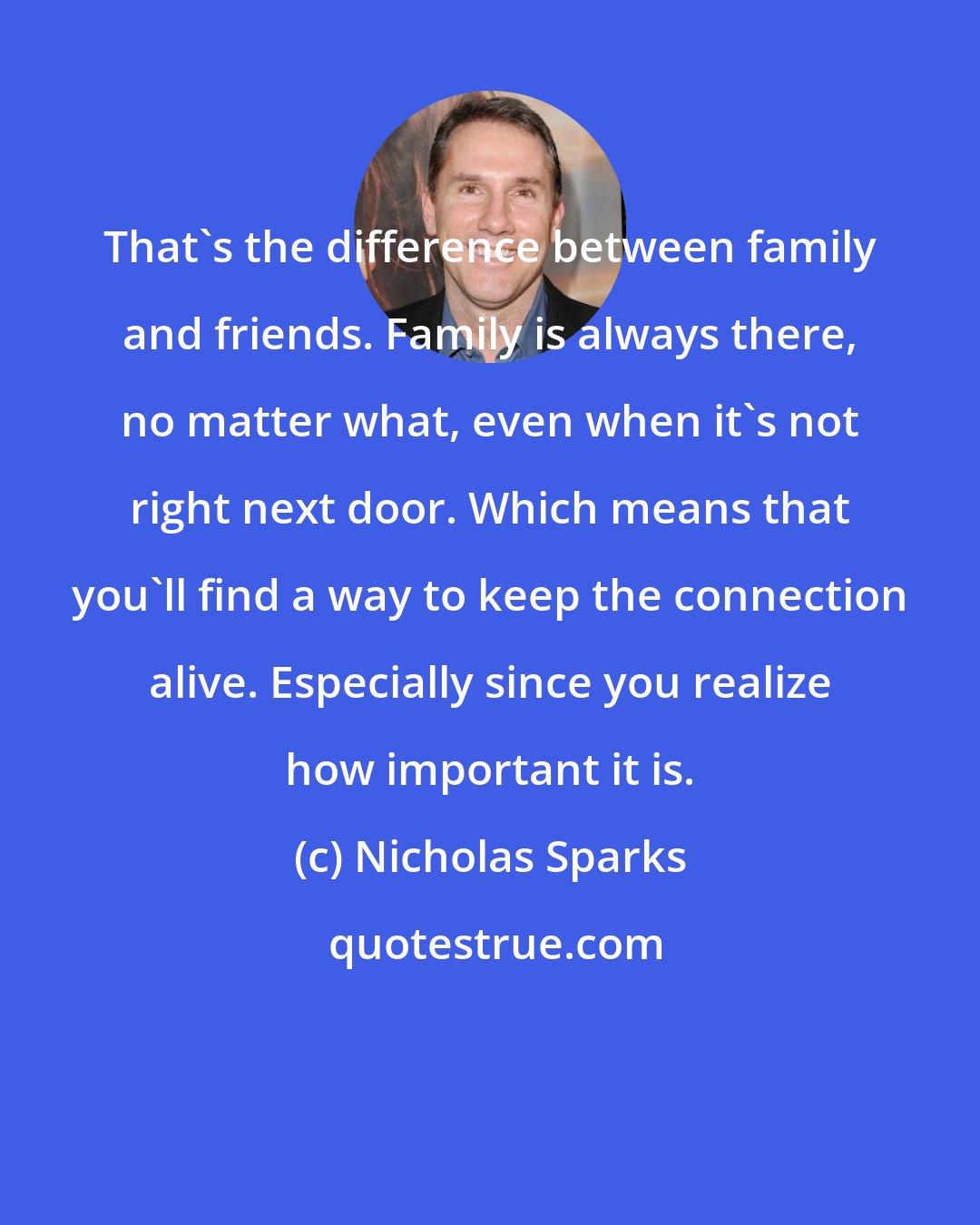 Nicholas Sparks: That's the difference between family and friends. Family is always there, no matter what, even when it's not right next door. Which means that you'll find a way to keep the connection alive. Especially since you realize how important it is.