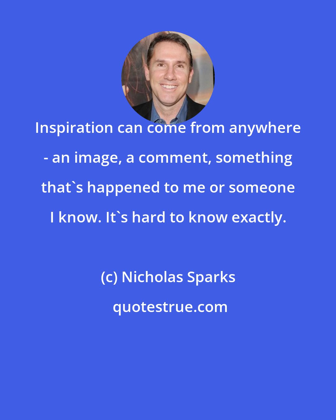 Nicholas Sparks: Inspiration can come from anywhere - an image, a comment, something that's happened to me or someone I know. It's hard to know exactly.