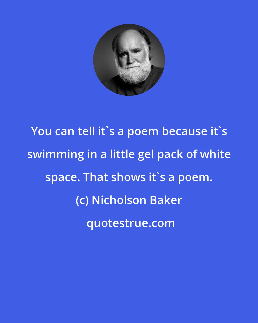 Nicholson Baker: You can tell it's a poem because it's swimming in a little gel pack of white space. That shows it's a poem.