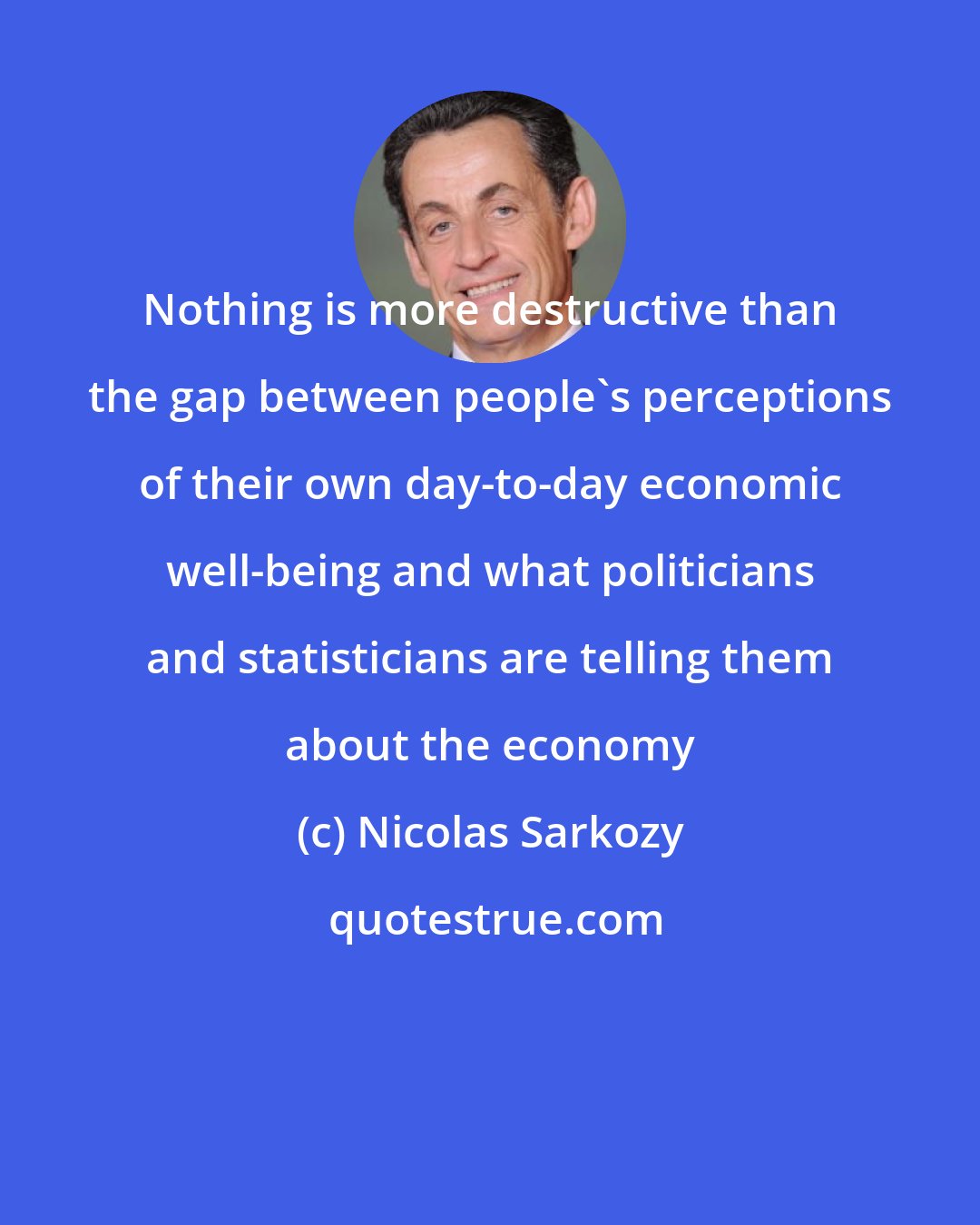 Nicolas Sarkozy: Nothing is more destructive than the gap between people's perceptions of their own day-to-day economic well-being and what politicians and statisticians are telling them about the economy