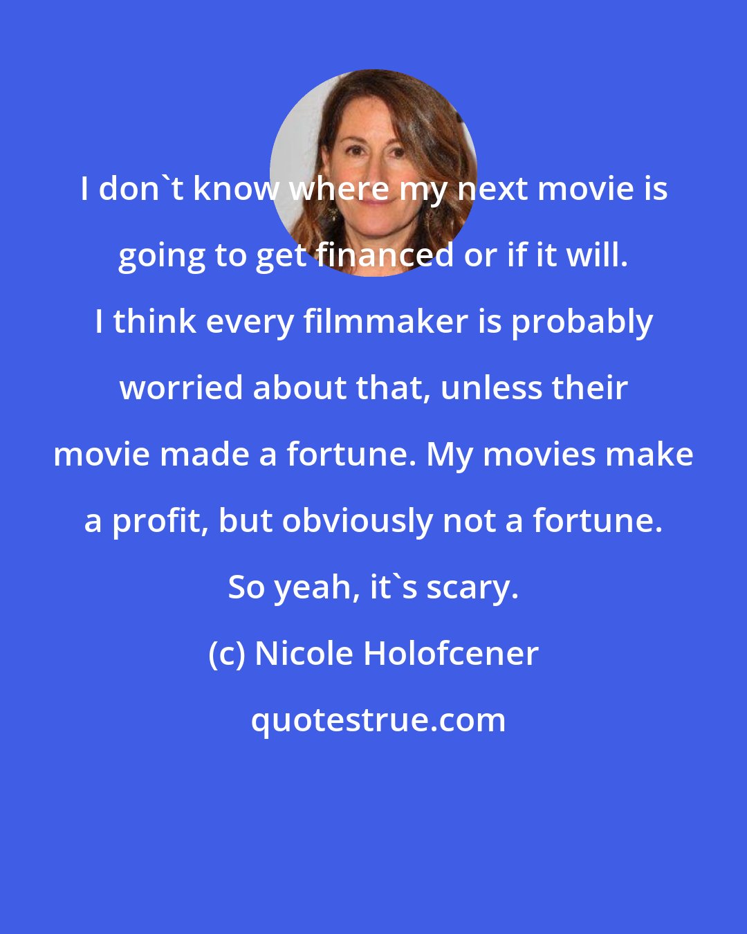 Nicole Holofcener: I don't know where my next movie is going to get financed or if it will. I think every filmmaker is probably worried about that, unless their movie made a fortune. My movies make a profit, but obviously not a fortune. So yeah, it's scary.