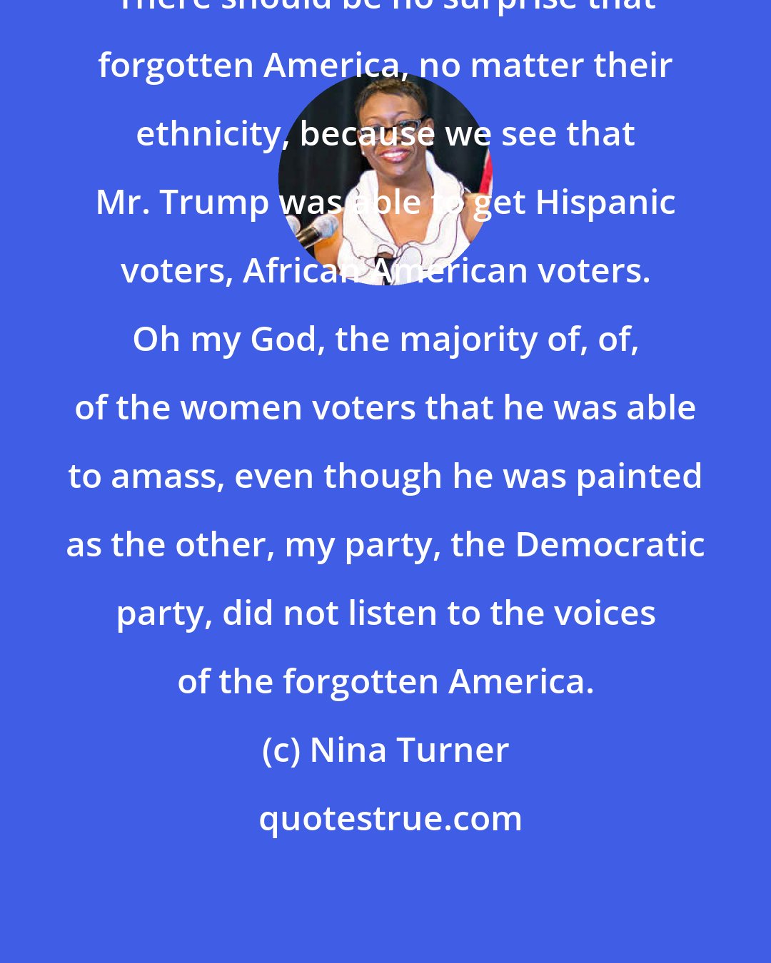 Nina Turner: There should be no surprise that forgotten America, no matter their ethnicity, because we see that Mr. Trump was able to get Hispanic voters, African American voters. Oh my God, the majority of, of, of the women voters that he was able to amass, even though he was painted as the other, my party, the Democratic party, did not listen to the voices of the forgotten America.