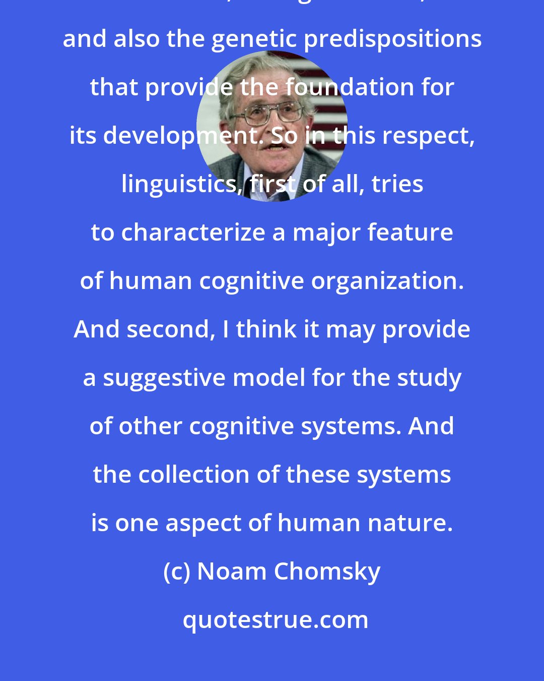 Noam Chomsky: In studying language we can discover many basic properties of this cognitive structure, its organization, and also the genetic predispositions that provide the foundation for its development. So in this respect, linguistics, first of all, tries to characterize a major feature of human cognitive organization. And second, I think it may provide a suggestive model for the study of other cognitive systems. And the collection of these systems is one aspect of human nature.