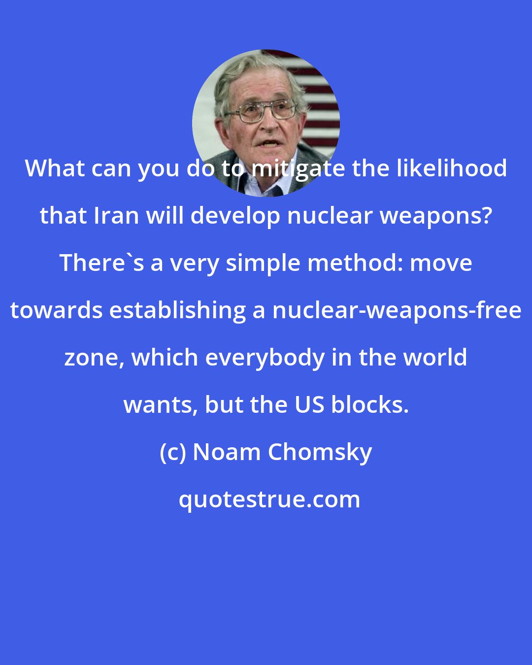 Noam Chomsky: What can you do to mitigate the likelihood that Iran will develop nuclear weapons? There's a very simple method: move towards establishing a nuclear-weapons-free zone, which everybody in the world wants, but the US blocks.