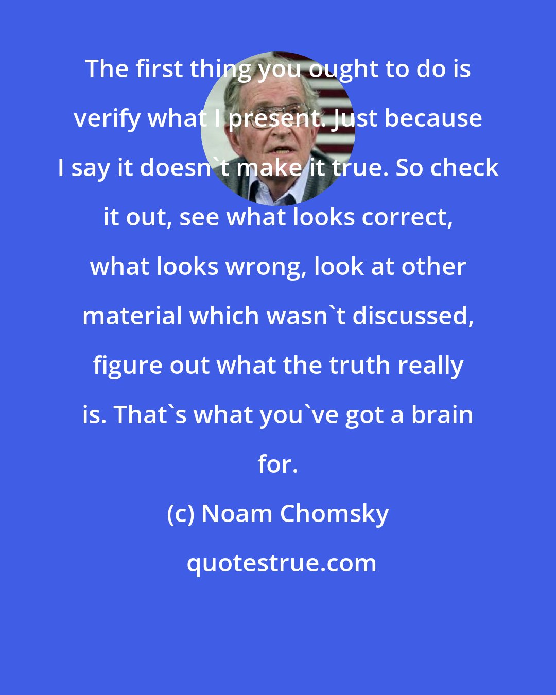 Noam Chomsky: The first thing you ought to do is verify what I present. Just because I say it doesn't make it true. So check it out, see what looks correct, what looks wrong, look at other material which wasn't discussed, figure out what the truth really is. That's what you've got a brain for.