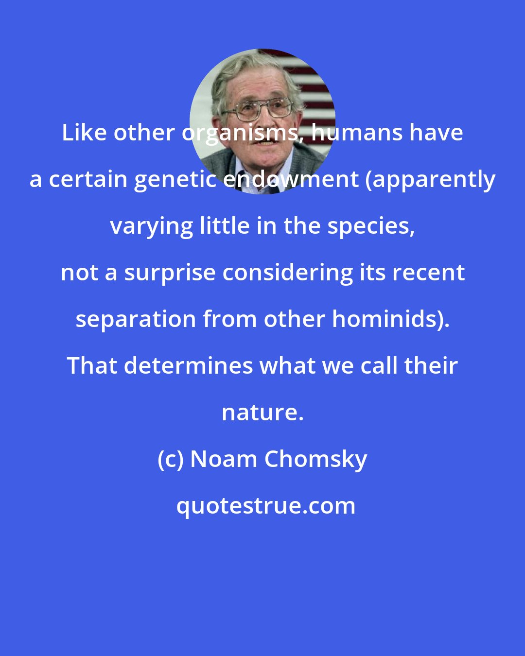 Noam Chomsky: Like other organisms, humans have a certain genetic endowment (apparently varying little in the species, not a surprise considering its recent separation from other hominids). That determines what we call their nature.