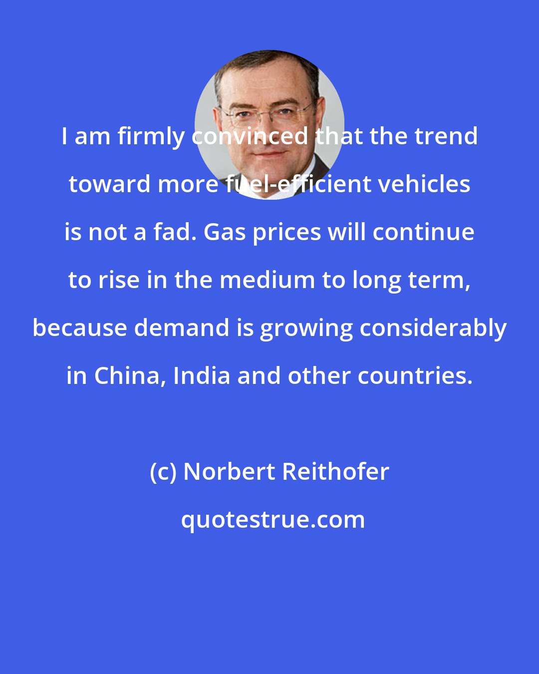 Norbert Reithofer: I am firmly convinced that the trend toward more fuel-efficient vehicles is not a fad. Gas prices will continue to rise in the medium to long term, because demand is growing considerably in China, India and other countries.