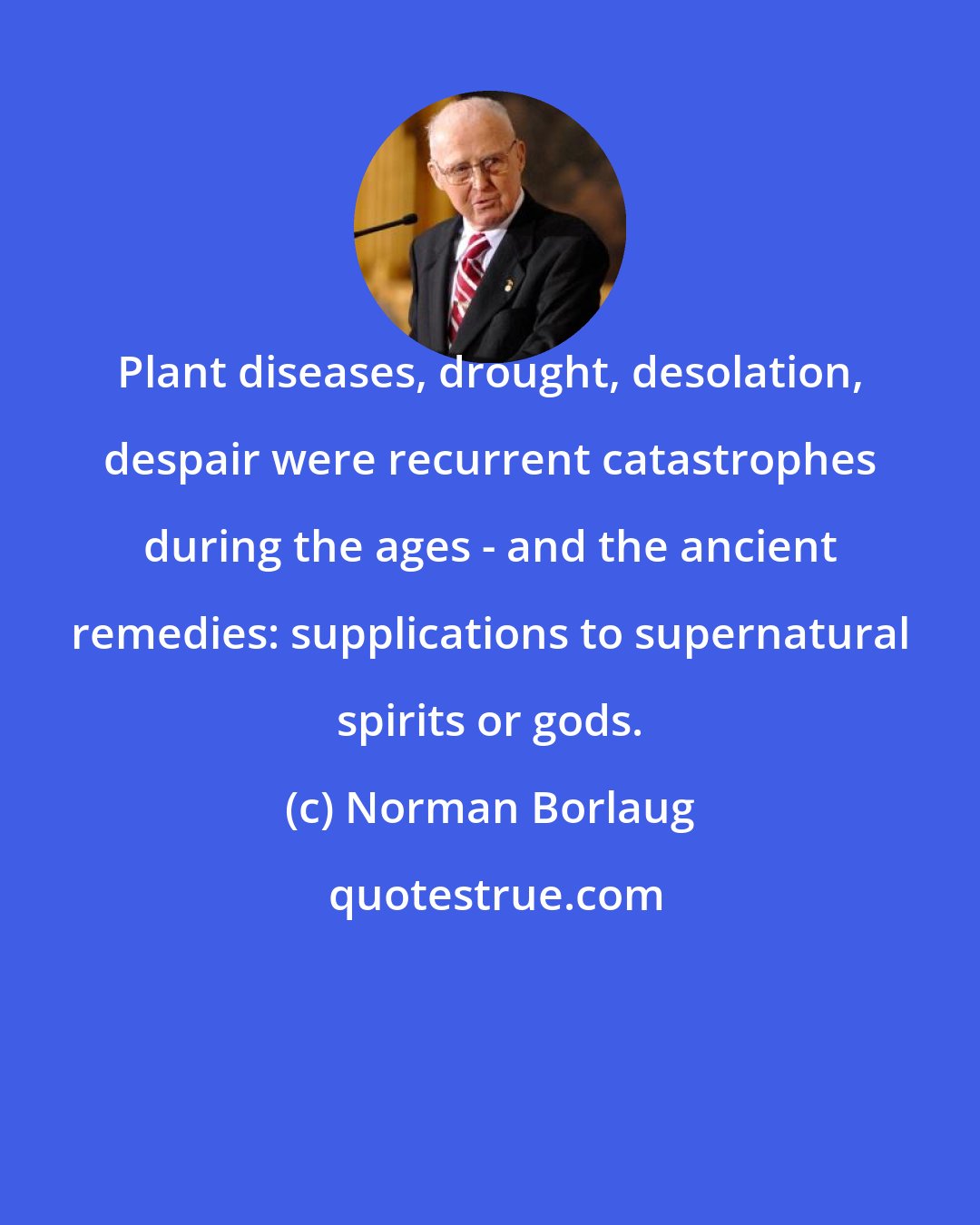 Norman Borlaug: Plant diseases, drought, desolation, despair were recurrent catastrophes during the ages - and the ancient remedies: supplications to supernatural spirits or gods.