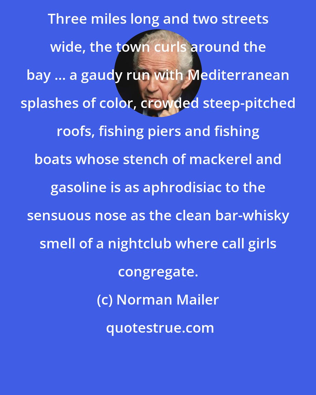 Norman Mailer: Three miles long and two streets wide, the town curls around the bay ... a gaudy run with Mediterranean splashes of color, crowded steep-pitched roofs, fishing piers and fishing boats whose stench of mackerel and gasoline is as aphrodisiac to the sensuous nose as the clean bar-whisky smell of a nightclub where call girls congregate.