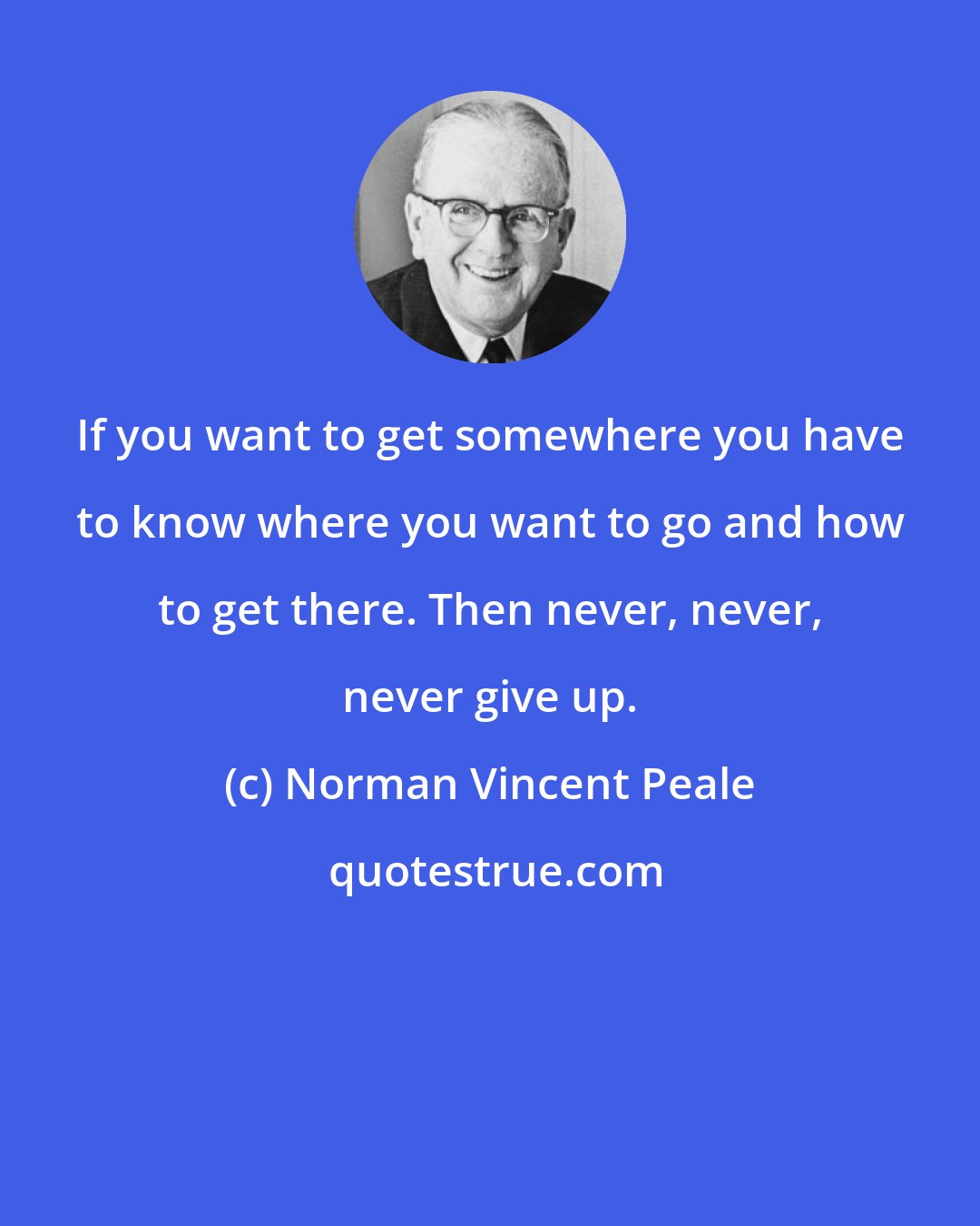 Norman Vincent Peale: If you want to get somewhere you have to know where you want to go and how to get there. Then never, never, never give up.