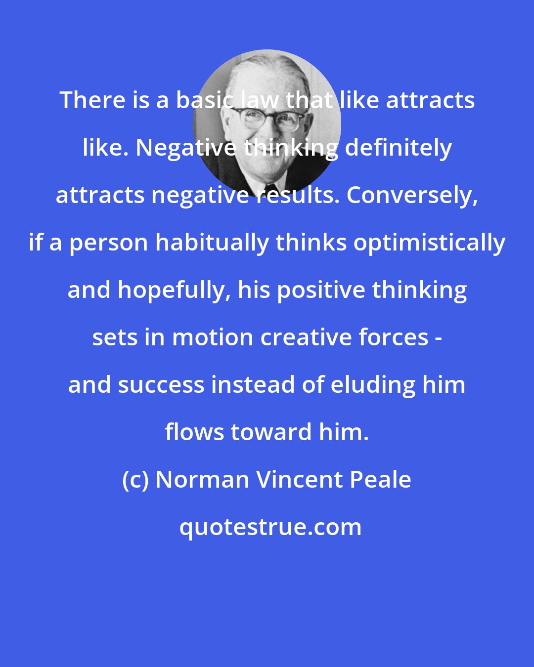 Norman Vincent Peale: There is a basic law that like attracts like. Negative thinking definitely attracts negative results. Conversely, if a person habitually thinks optimistically and hopefully, his positive thinking sets in motion creative forces - and success instead of eluding him flows toward him.