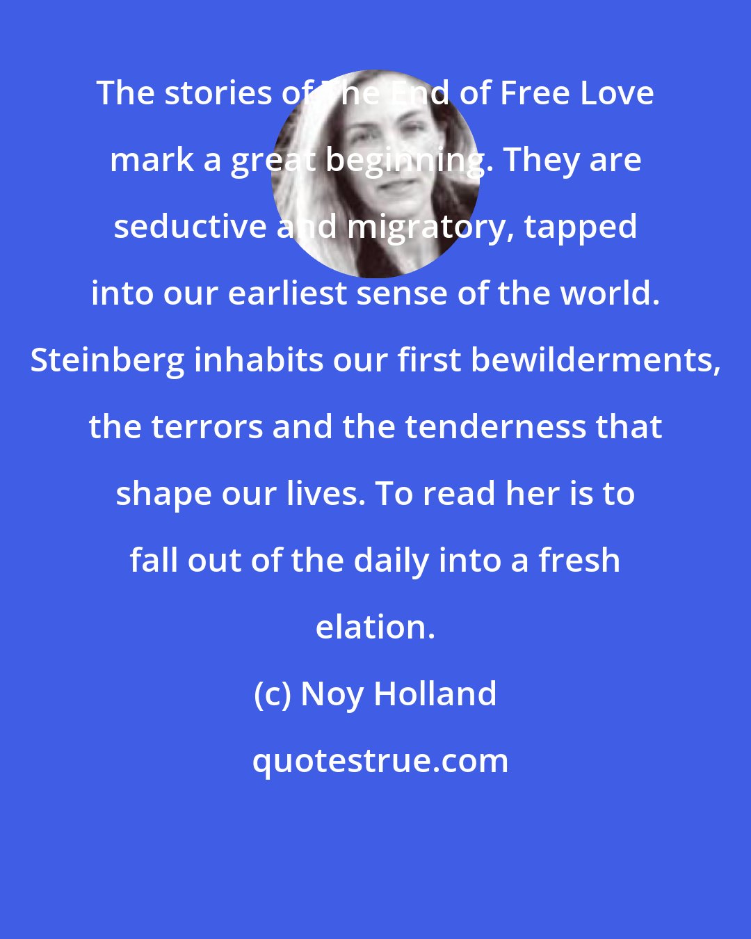 Noy Holland: The stories of The End of Free Love mark a great beginning. They are seductive and migratory, tapped into our earliest sense of the world. Steinberg inhabits our first bewilderments, the terrors and the tenderness that shape our lives. To read her is to fall out of the daily into a fresh elation.