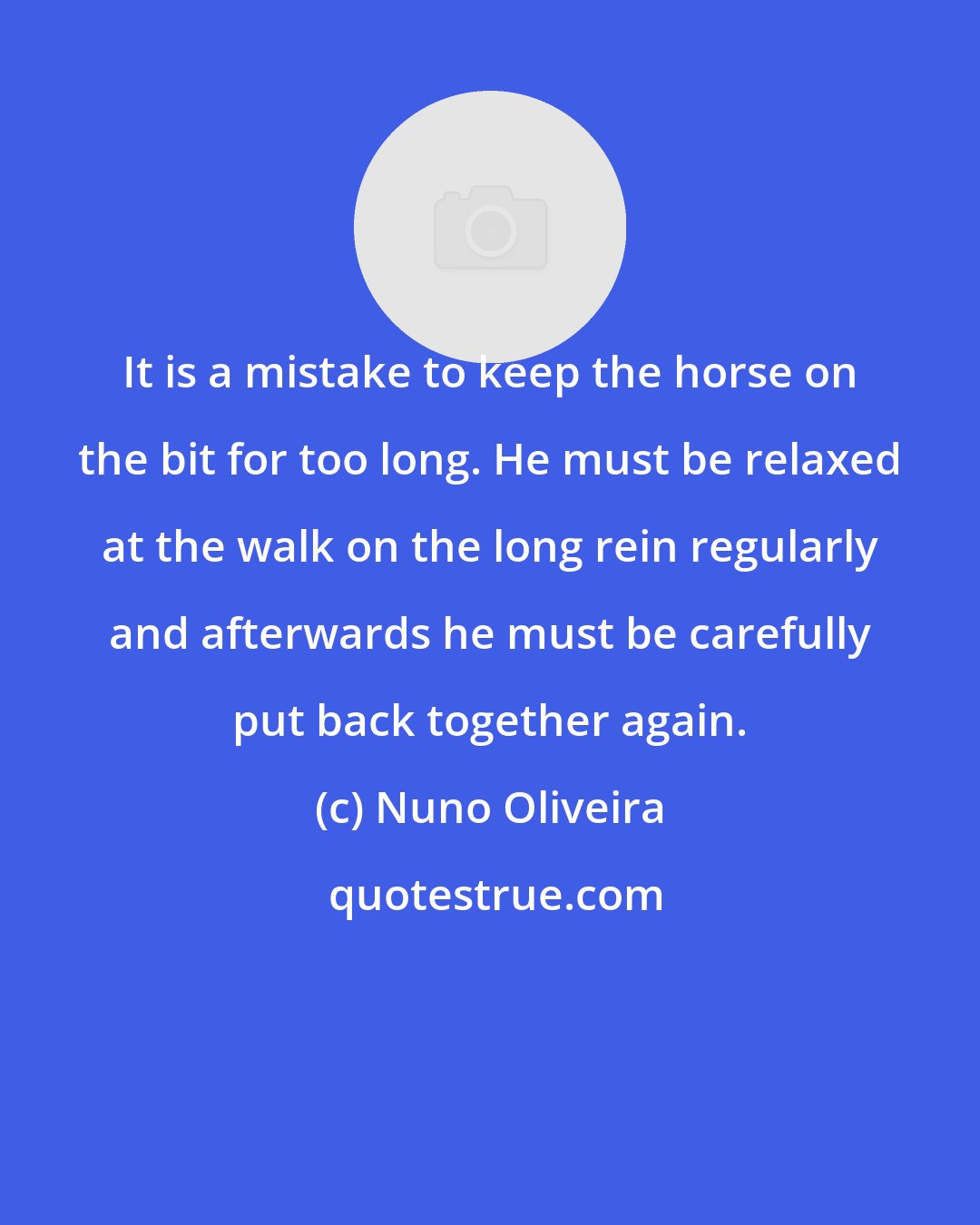 Nuno Oliveira: It is a mistake to keep the horse on the bit for too long. He must be relaxed at the walk on the long rein regularly and afterwards he must be carefully put back together again.