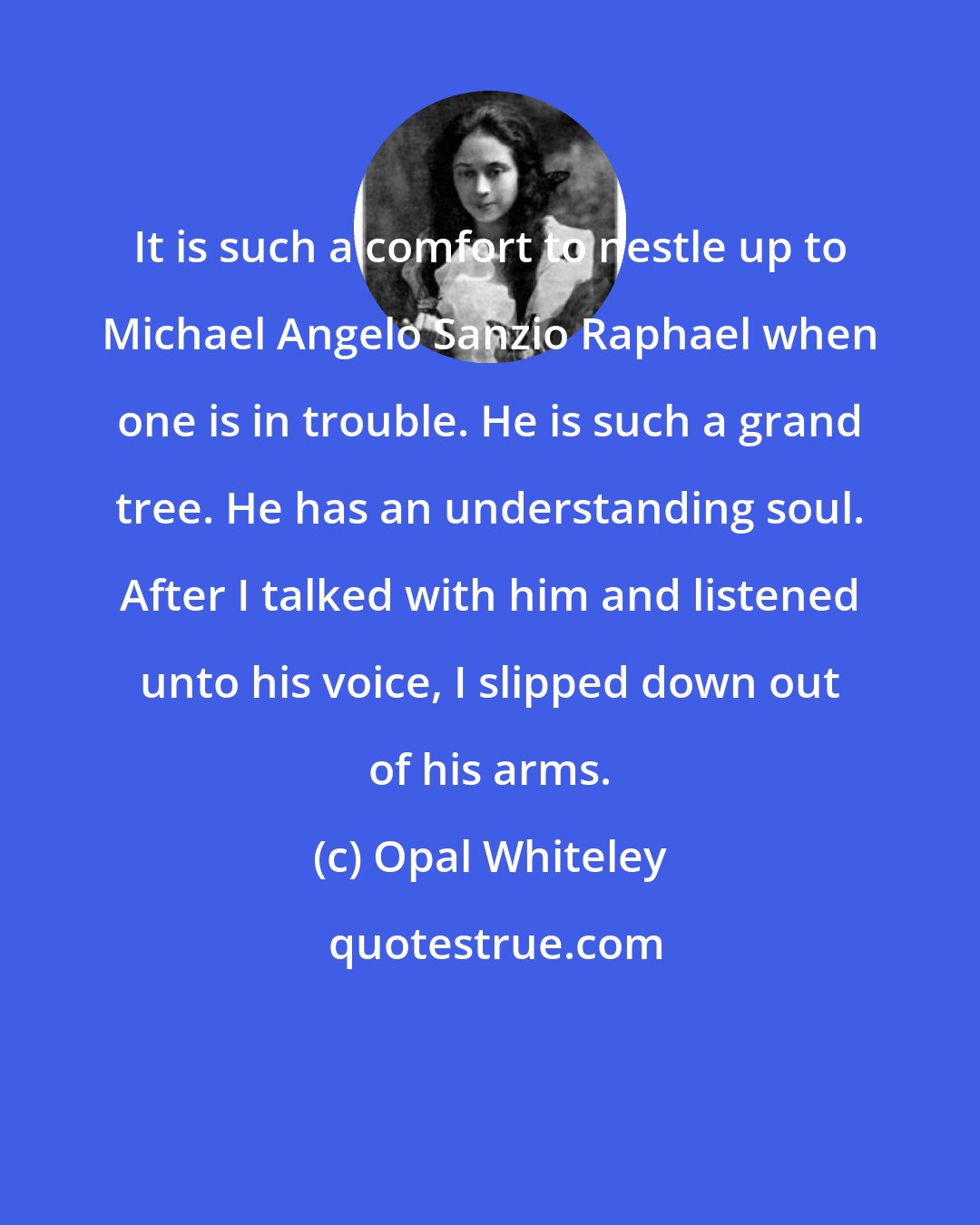 Opal Whiteley: It is such a comfort to nestle up to Michael Angelo Sanzio Raphael when one is in trouble. He is such a grand tree. He has an understanding soul. After I talked with him and listened unto his voice, I slipped down out of his arms.