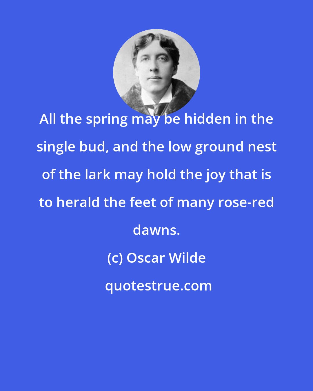 Oscar Wilde: All the spring may be hidden in the single bud, and the low ground nest of the lark may hold the joy that is to herald the feet of many rose-red dawns.