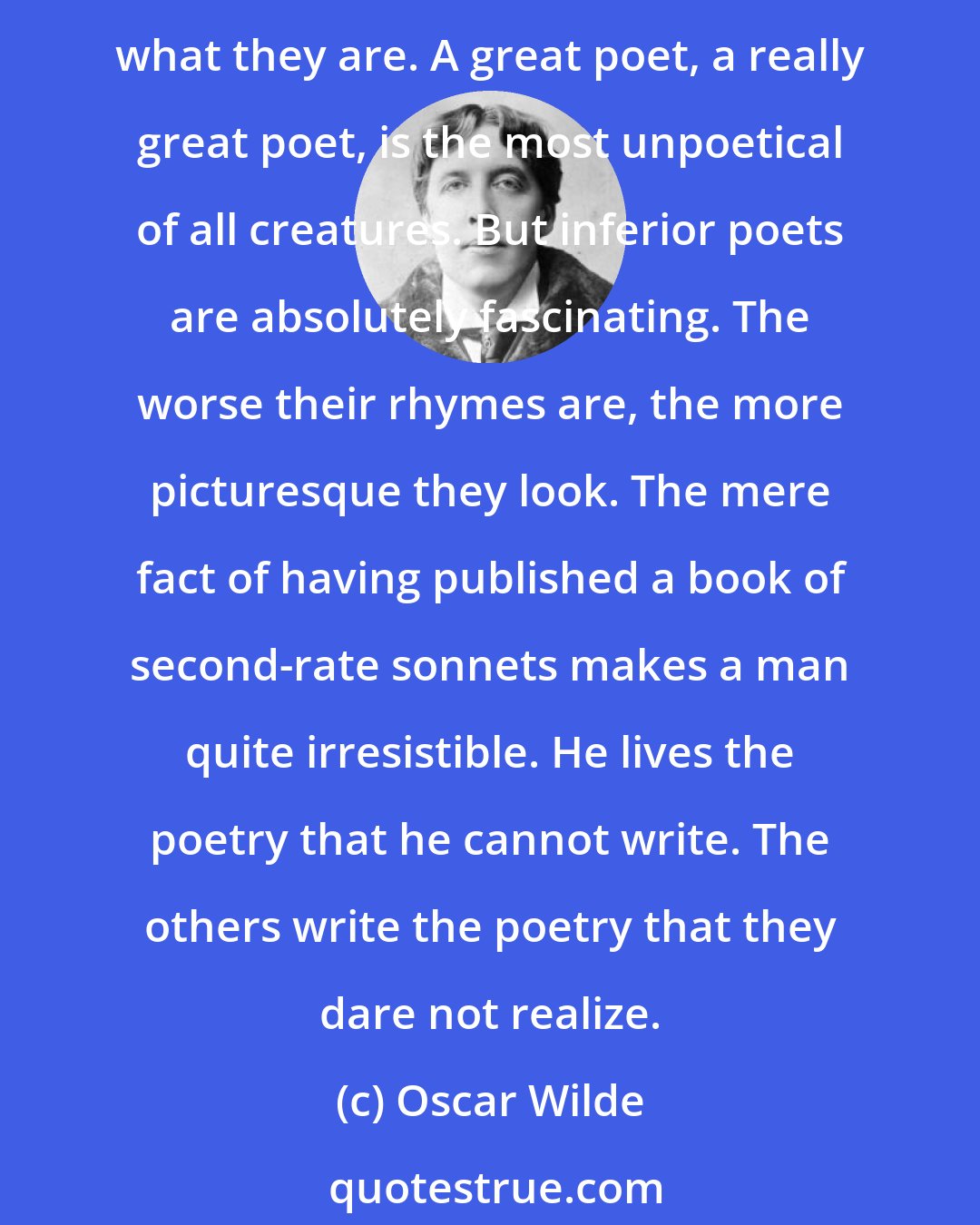 Oscar Wilde: The only artists I have ever known who are personally delightful are bad artists. Good artists exist simply in what they make, and consequently are perfectly uninteresting in what they are. A great poet, a really great poet, is the most unpoetical of all creatures. But inferior poets are absolutely fascinating. The worse their rhymes are, the more picturesque they look. The mere fact of having published a book of second-rate sonnets makes a man quite irresistible. He lives the poetry that he cannot write. The others write the poetry that they dare not realize.