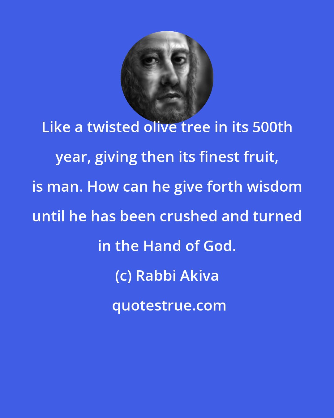 Rabbi Akiva: Like a twisted olive tree in its 500th year, giving then its finest fruit, is man. How can he give forth wisdom until he has been crushed and turned in the Hand of God.