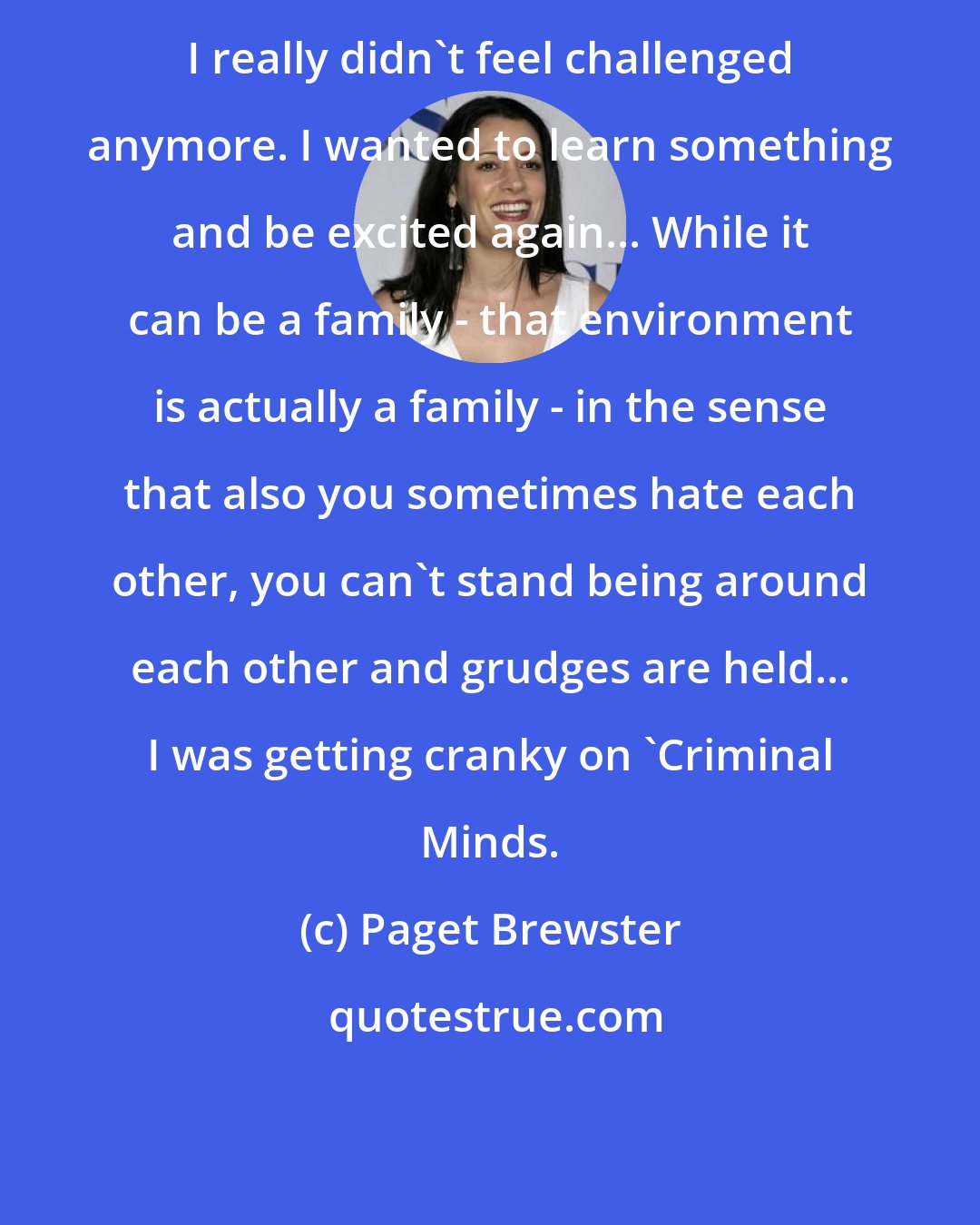 Paget Brewster: I really didn't feel challenged anymore. I wanted to learn something and be excited again... While it can be a family - that environment is actually a family - in the sense that also you sometimes hate each other, you can't stand being around each other and grudges are held... I was getting cranky on 'Criminal Minds.