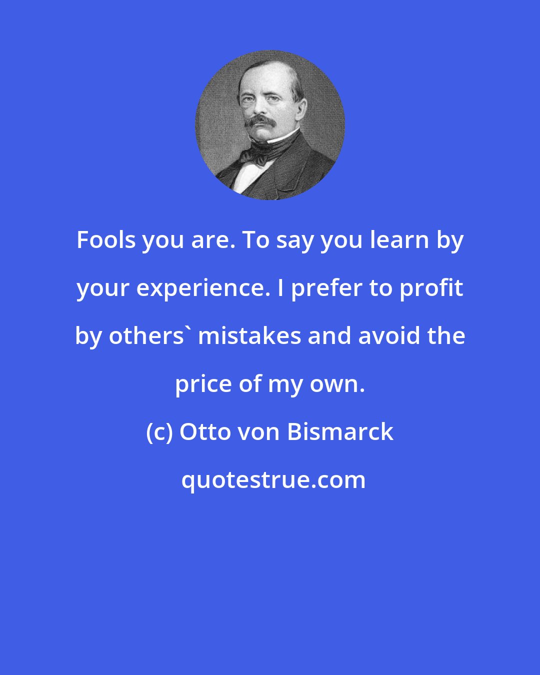 Otto von Bismarck: Fools you are. To say you learn by your experience. I prefer to profit by others' mistakes and avoid the price of my own.