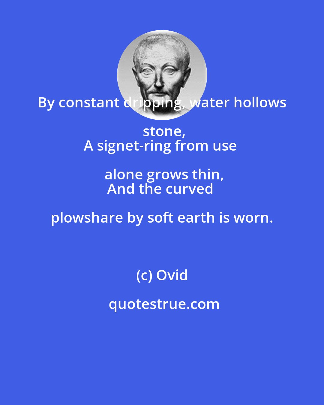 Ovid: By constant dripping, water hollows stone,
A signet-ring from use alone grows thin,
And the curved plowshare by soft earth is worn.