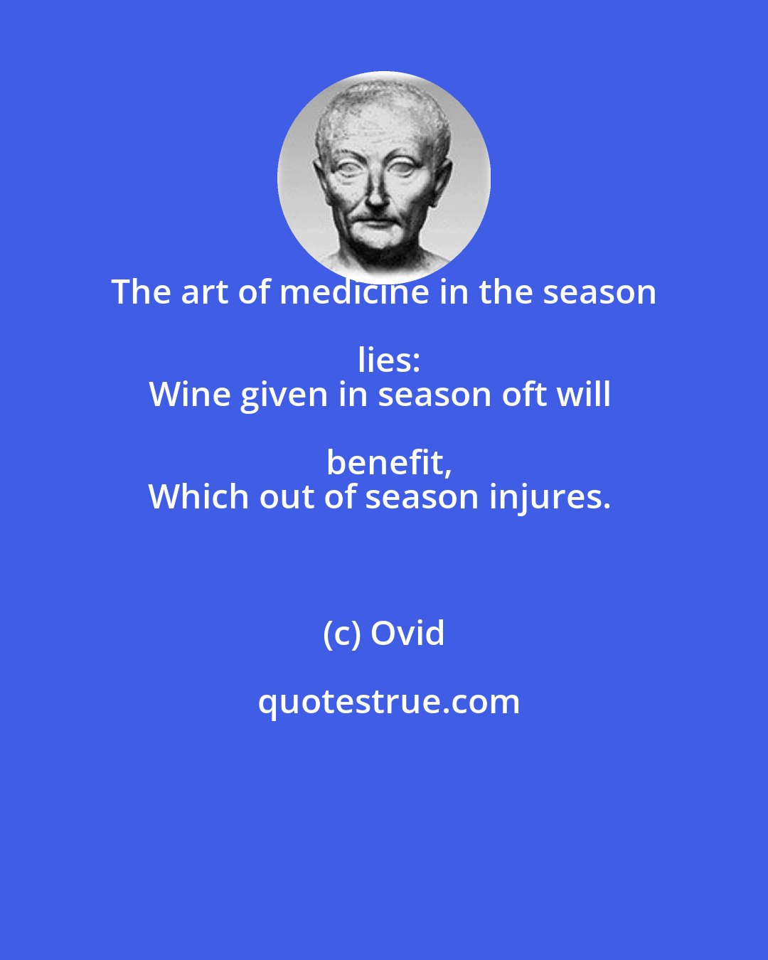 Ovid: The art of medicine in the season lies:
Wine given in season oft will benefit,
Which out of season injures.