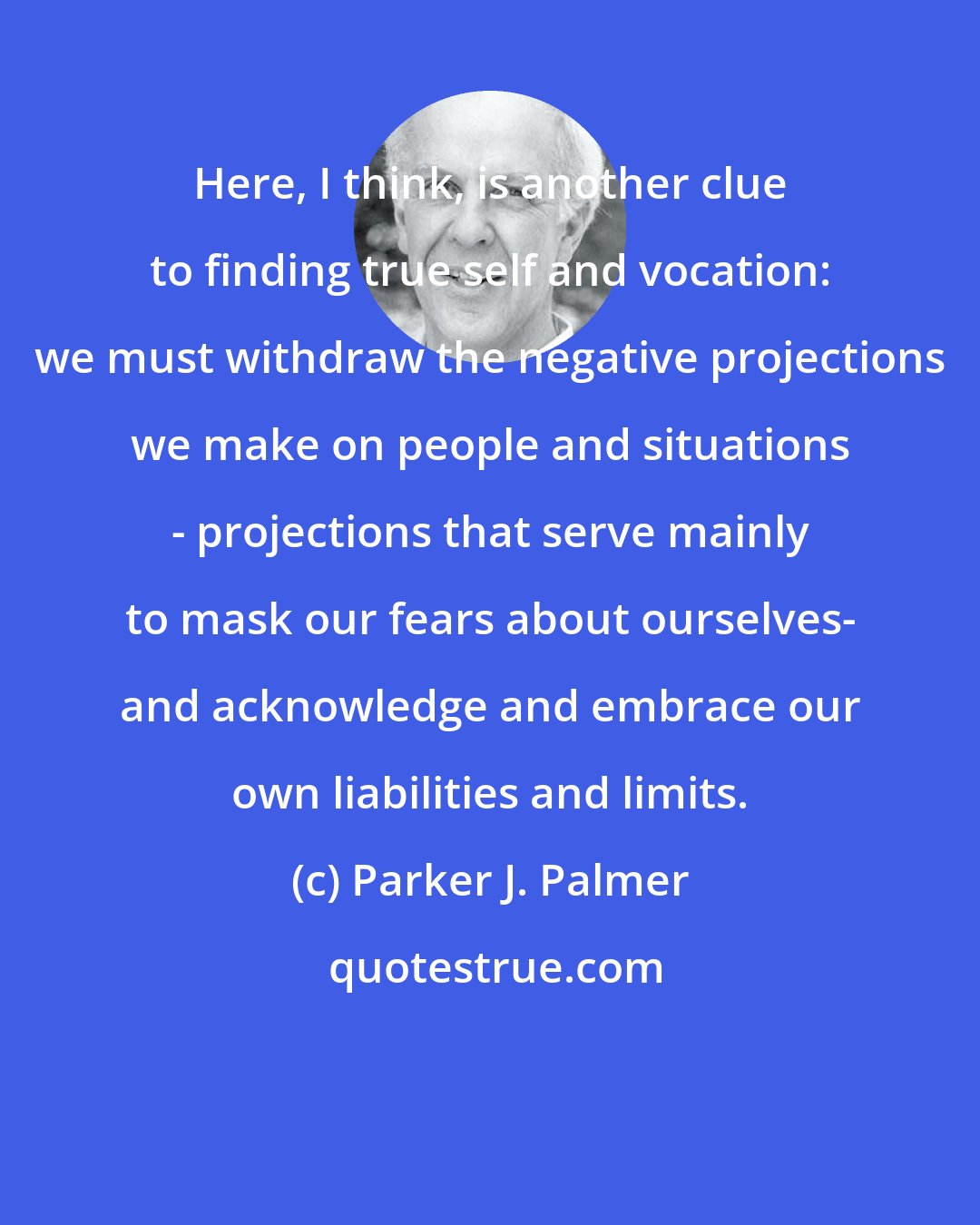 Parker J. Palmer: Here, I think, is another clue to finding true self and vocation: we must withdraw the negative projections we make on people and situations - projections that serve mainly to mask our fears about ourselves- and acknowledge and embrace our own liabilities and limits.