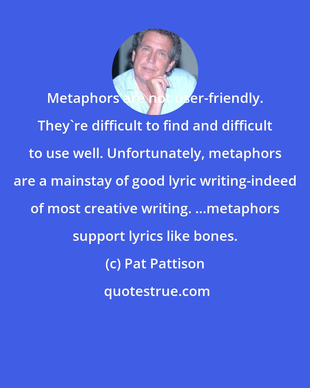 Pat Pattison: Metaphors are not user-friendly. They're difficult to find and difficult to use well. Unfortunately, metaphors are a mainstay of good lyric writing-indeed of most creative writing. ...metaphors support lyrics like bones.