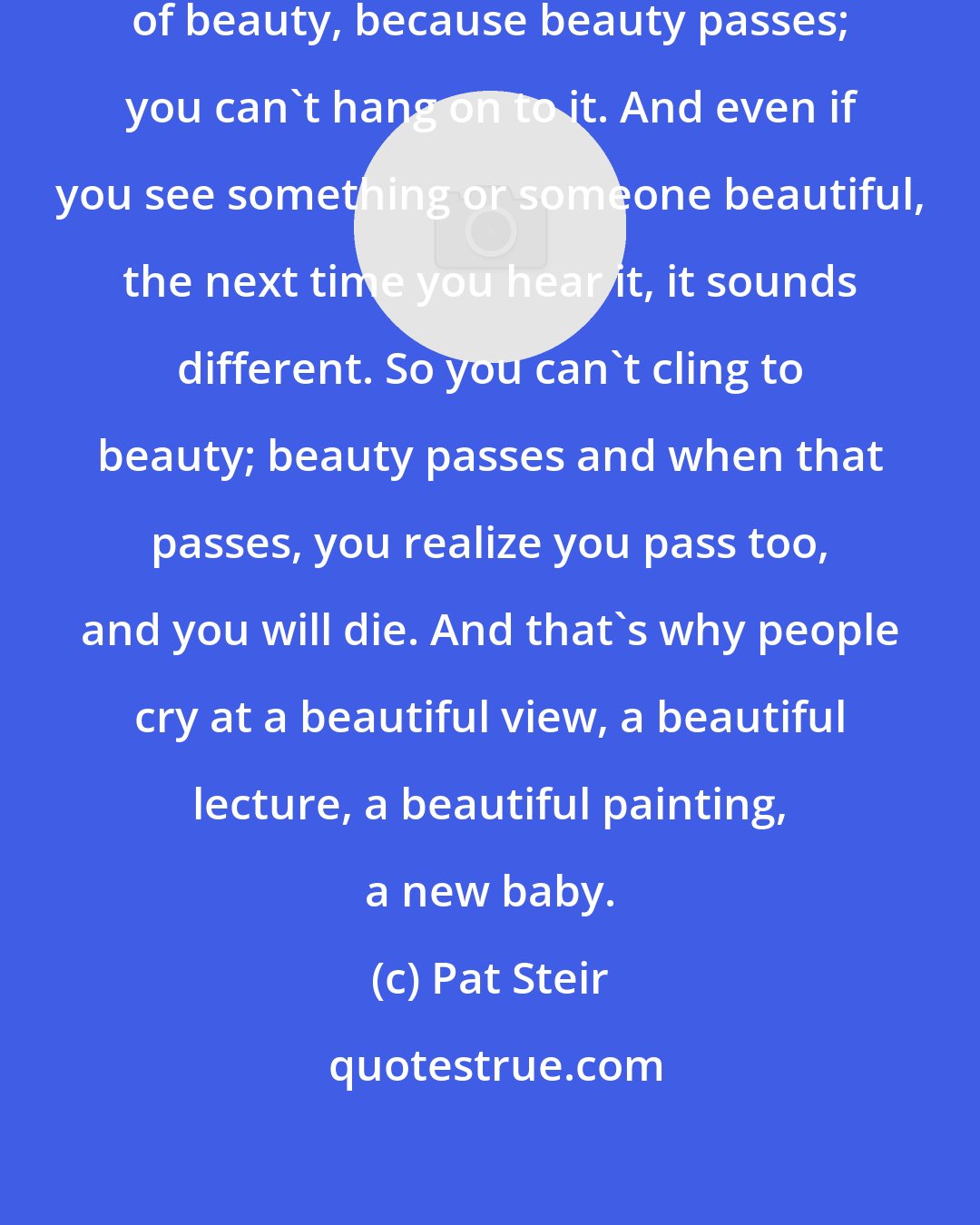 Pat Steir: We live in a time when people are afraid of beauty, because beauty passes; you can't hang on to it. And even if you see something or someone beautiful, the next time you hear it, it sounds different. So you can't cling to beauty; beauty passes and when that passes, you realize you pass too, and you will die. And that's why people cry at a beautiful view, a beautiful lecture, a beautiful painting, a new baby.