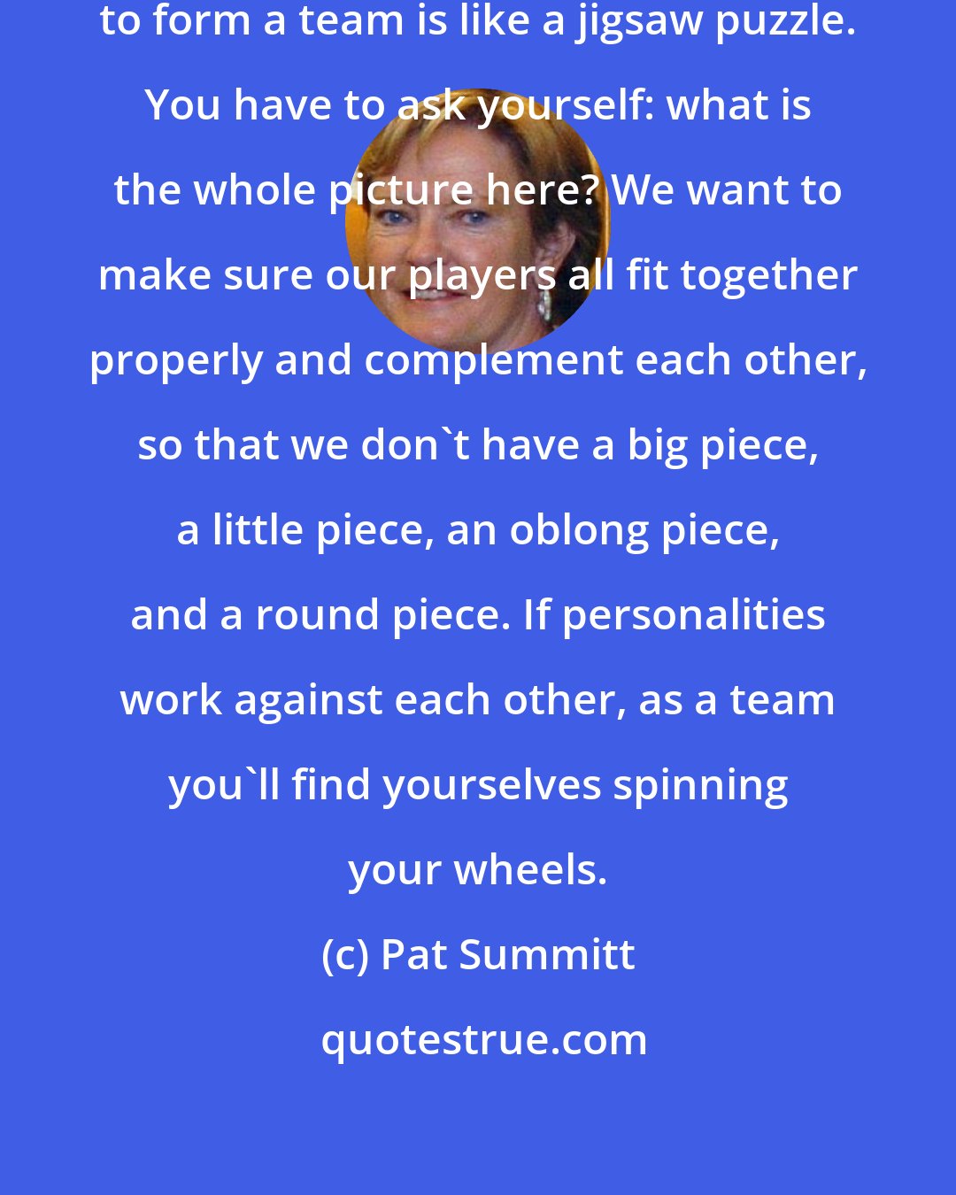 Pat Summitt: Bringing together disparate personalities to form a team is like a jigsaw puzzle. You have to ask yourself: what is the whole picture here? We want to make sure our players all fit together properly and complement each other, so that we don't have a big piece, a little piece, an oblong piece, and a round piece. If personalities work against each other, as a team you'll find yourselves spinning your wheels.