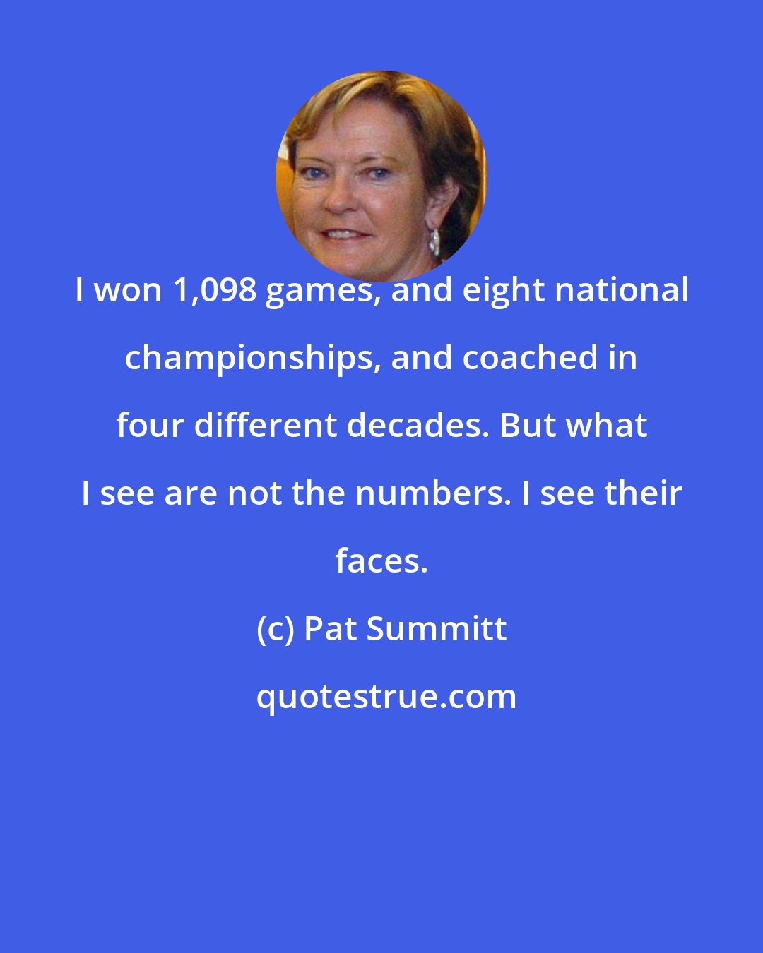 Pat Summitt: I won 1,098 games, and eight national championships, and coached in four different decades. But what I see are not the numbers. I see their faces.