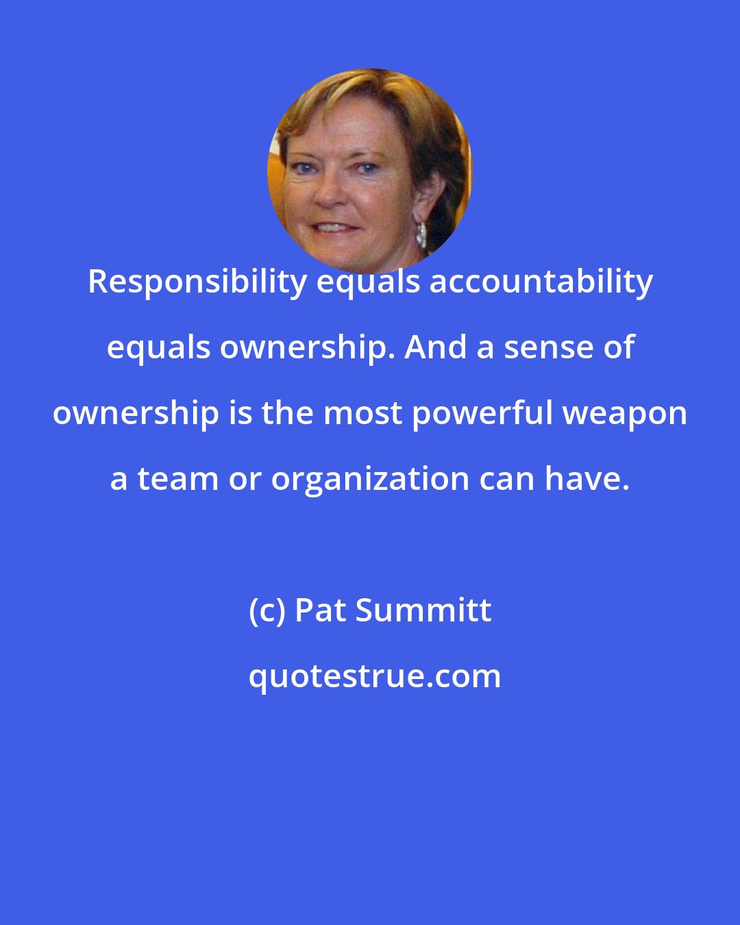 Pat Summitt: Responsibility equals accountability equals ownership. And a sense of ownership is the most powerful weapon a team or organization can have.