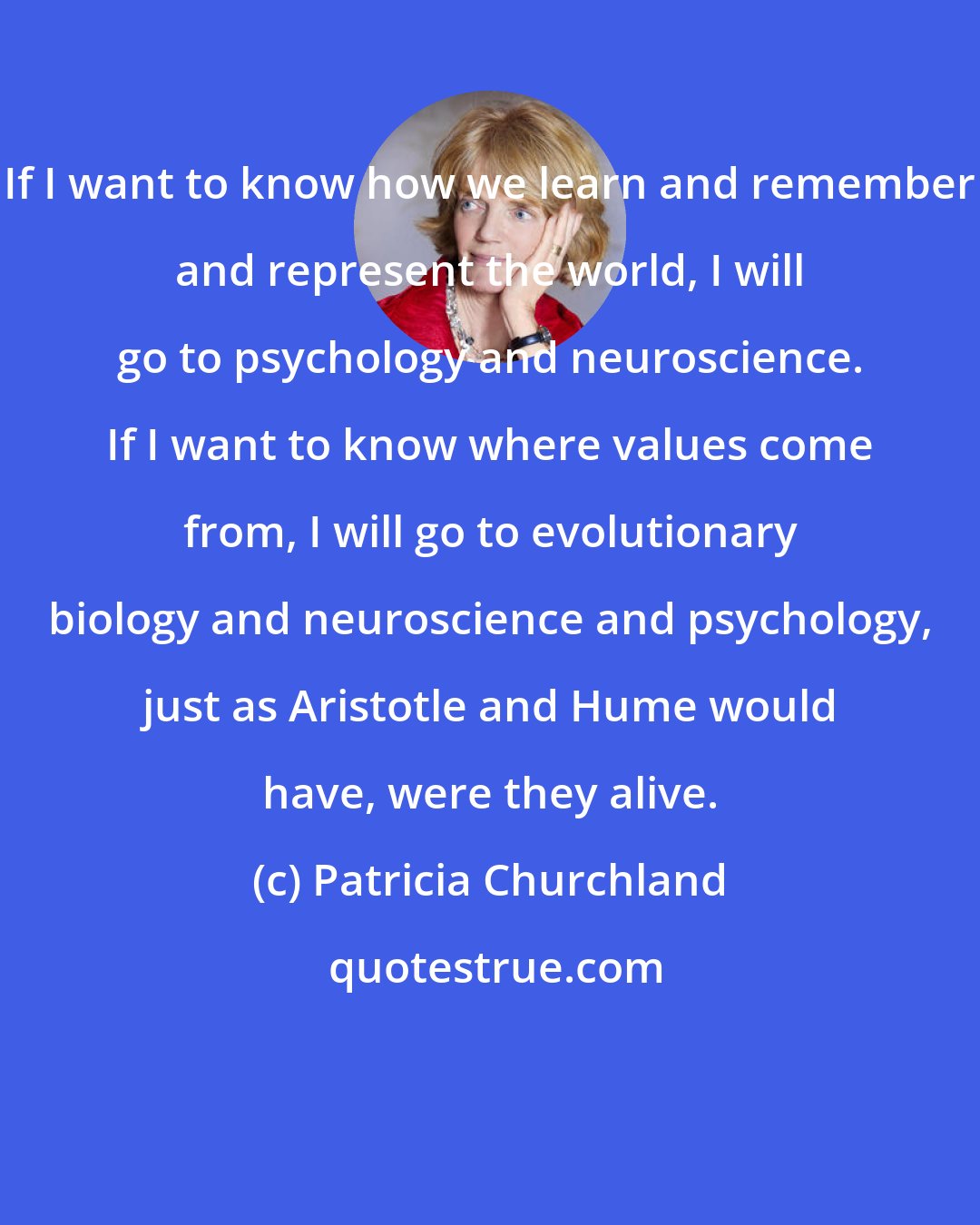 Patricia Churchland: If I want to know how we learn and remember and represent the world, I will go to psychology and neuroscience. If I want to know where values come from, I will go to evolutionary biology and neuroscience and psychology, just as Aristotle and Hume would have, were they alive.