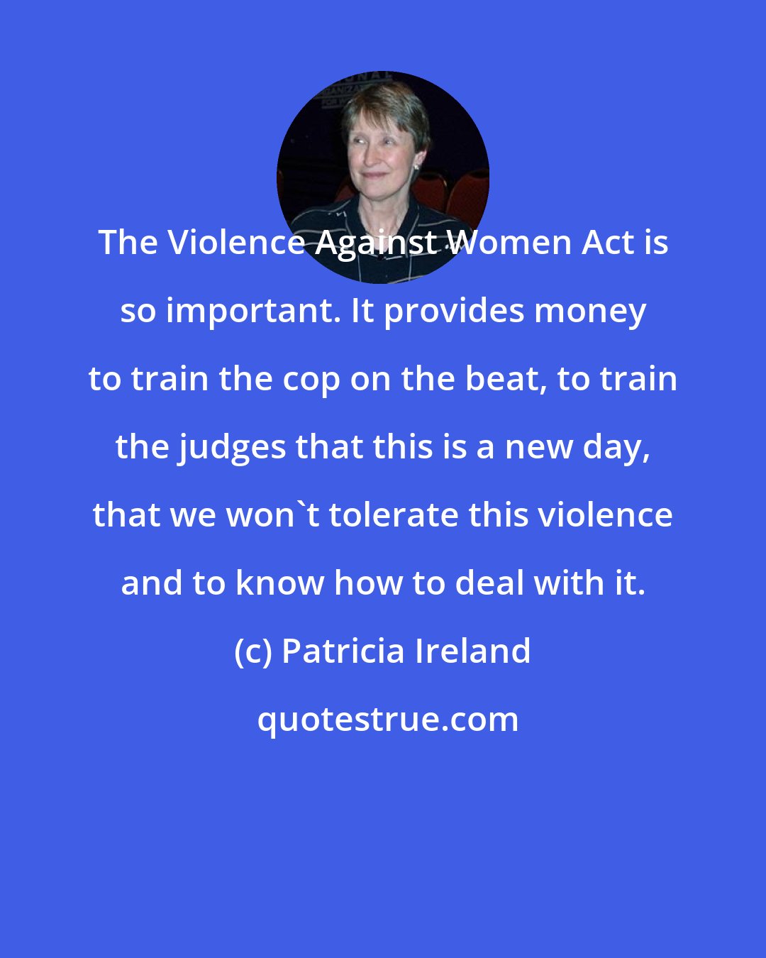 Patricia Ireland: The Violence Against Women Act is so important. It provides money to train the cop on the beat, to train the judges that this is a new day, that we won't tolerate this violence and to know how to deal with it.