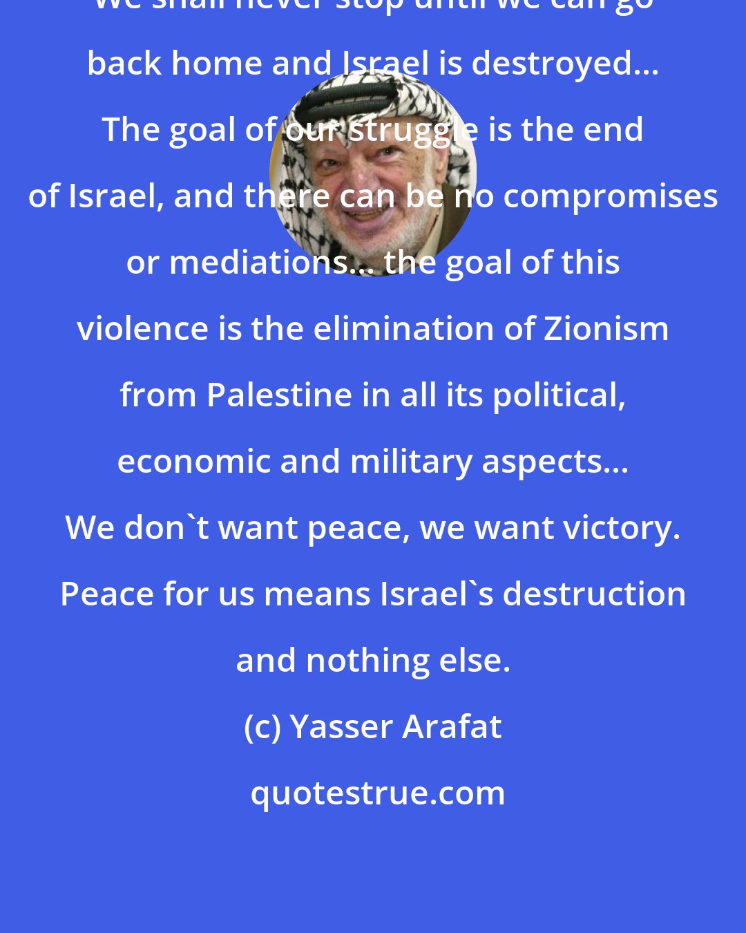 Yasser Arafat: We shall never stop until we can go back home and Israel is destroyed... The goal of our struggle is the end of Israel, and there can be no compromises or mediations... the goal of this violence is the elimination of Zionism from Palestine in all its political, economic and military aspects... We don't want peace, we want victory. Peace for us means Israel's destruction and nothing else.