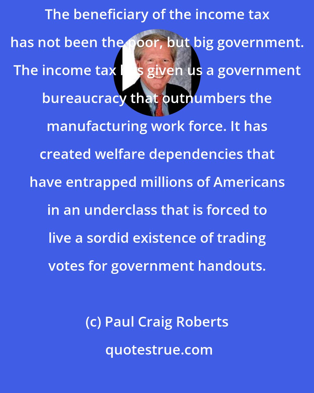 Paul Craig Roberts: The tax that was supposed to soak the rich has instead soaked America. The beneficiary of the income tax has not been the poor, but big government. The income tax has given us a government bureaucracy that outnumbers the manufacturing work force. It has created welfare dependencies that have entrapped millions of Americans in an underclass that is forced to live a sordid existence of trading votes for government handouts.