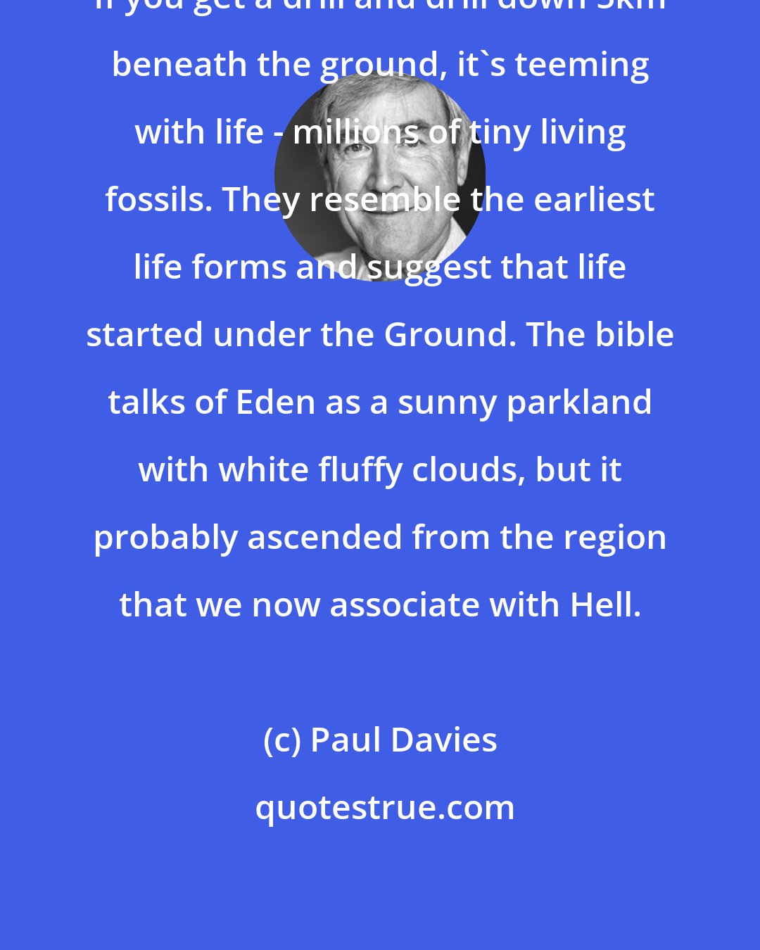 Paul Davies: If you get a drill and drill down 5km beneath the ground, it's teeming with life - millions of tiny living fossils. They resemble the earliest life forms and suggest that life started under the Ground. The bible talks of Eden as a sunny parkland with white fluffy clouds, but it probably ascended from the region that we now associate with Hell.