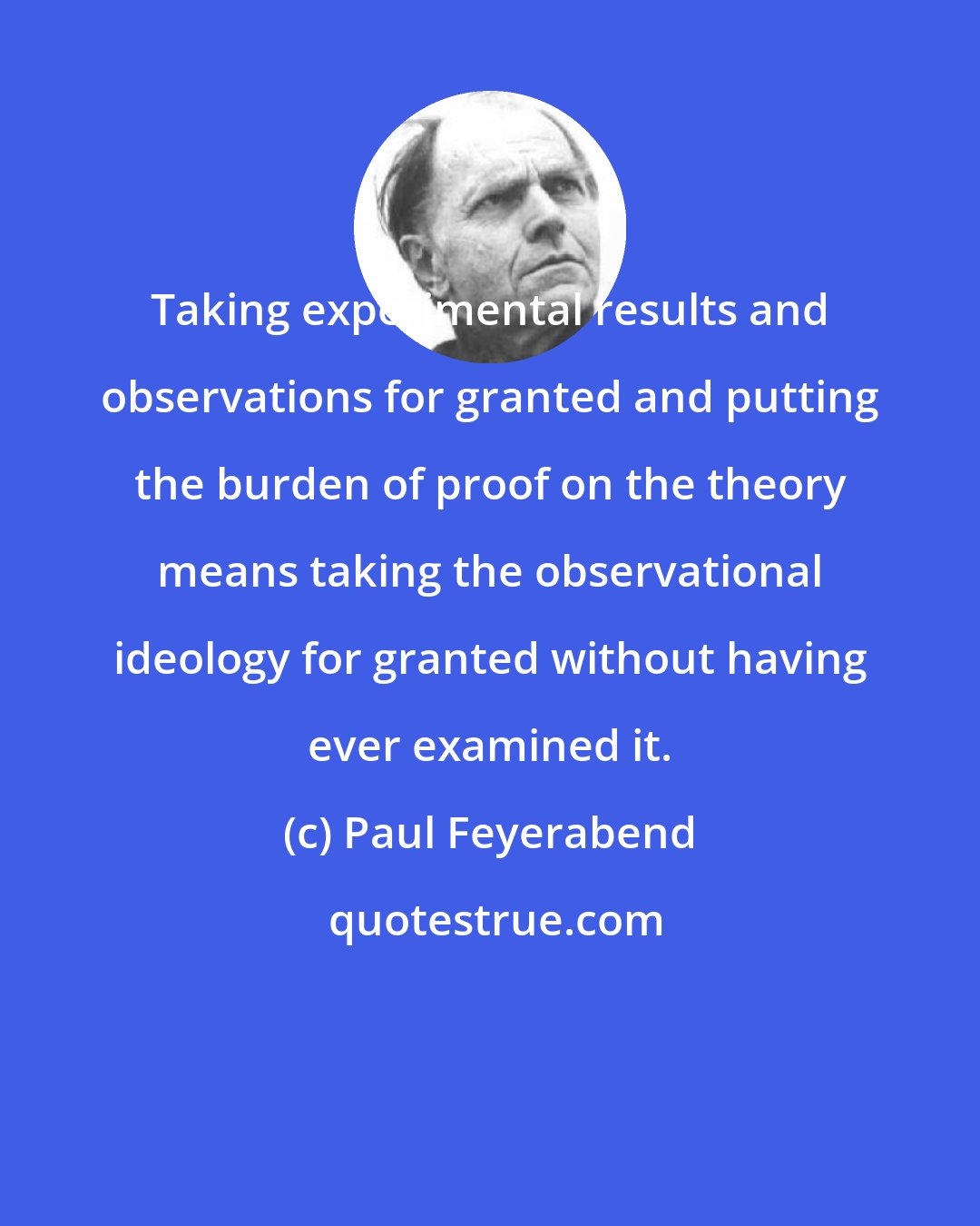 Paul Feyerabend: Taking experimental results and observations for granted and putting the burden of proof on the theory means taking the observational ideology for granted without having ever examined it.