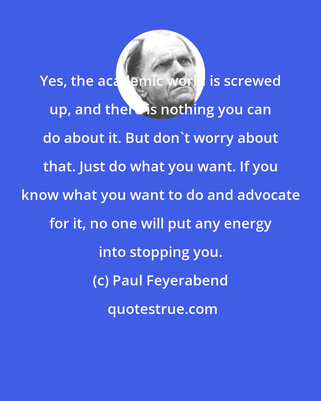 Paul Feyerabend: Yes, the academic world is screwed up, and there is nothing you can do about it. But don't worry about that. Just do what you want. If you know what you want to do and advocate for it, no one will put any energy into stopping you.